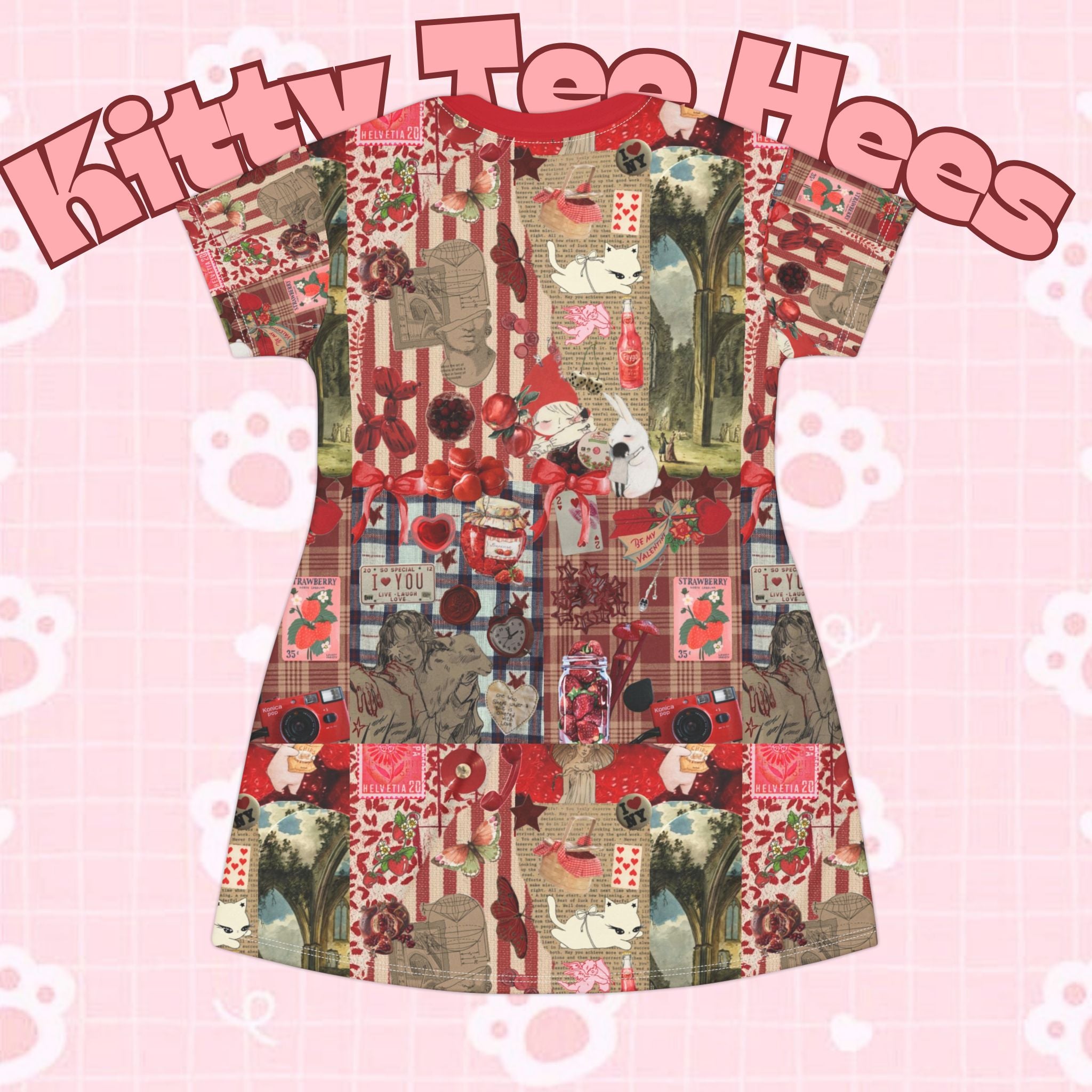 Apple pie and holiday motifs printed T-shirt dress with vintage graphic design from Printify, casual and fun feminine wear.