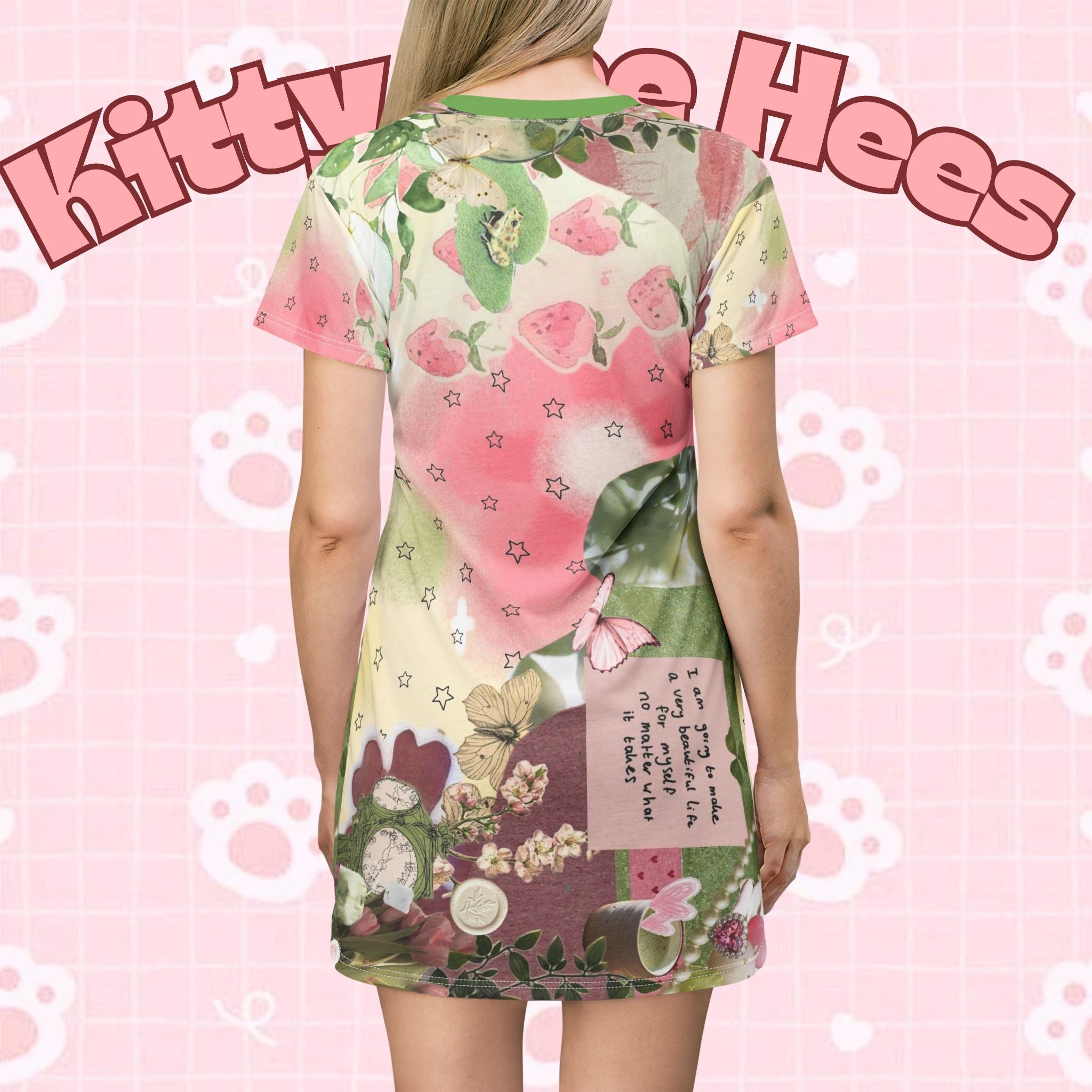 Pink and green floral apple star print T-shirt dress by Printify featuring all-over floral and star patterns for casual spring wear.