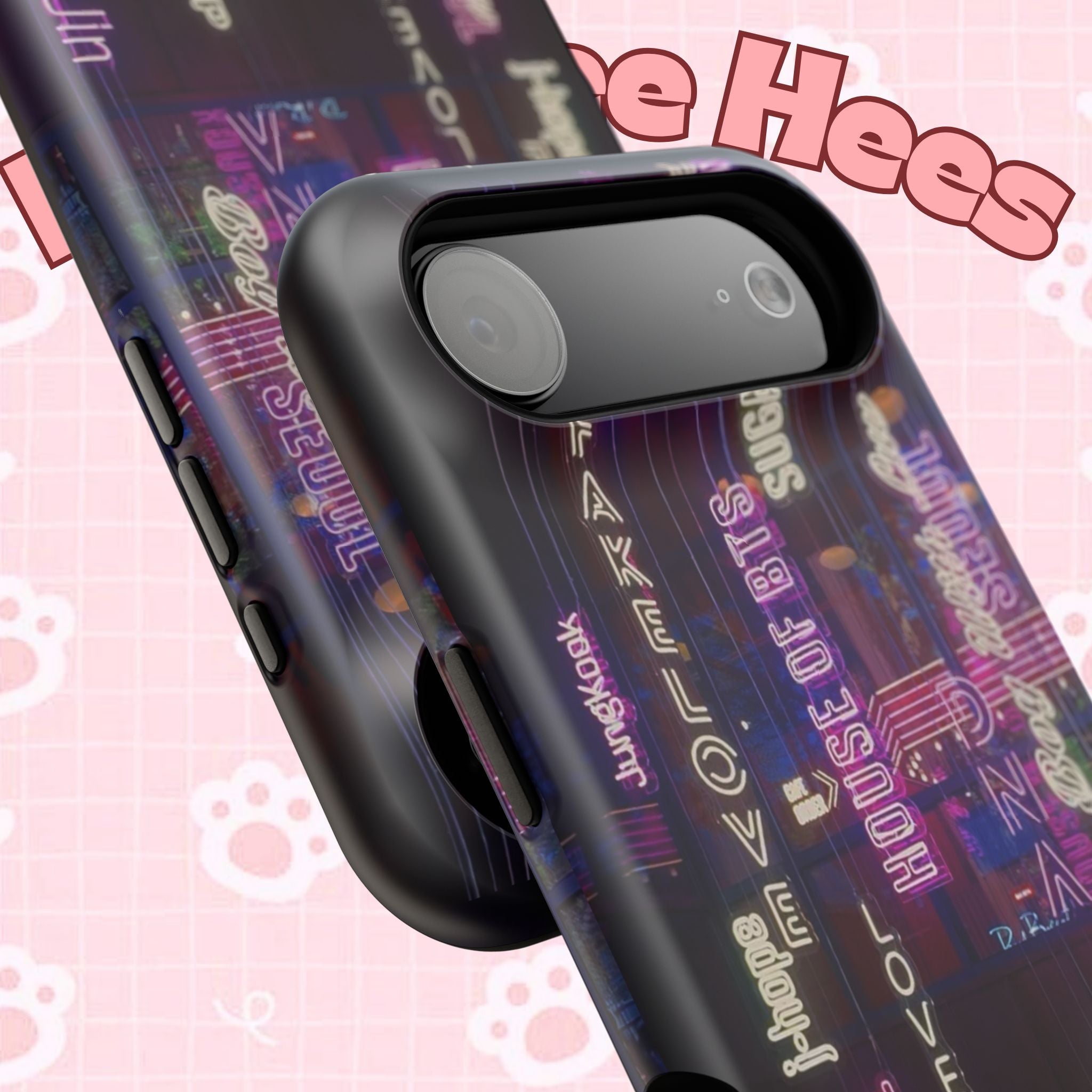 Impact-resistant BTS neon Korean script phone case for iPhone and Samsung, featuring bold neon design and durable protection.