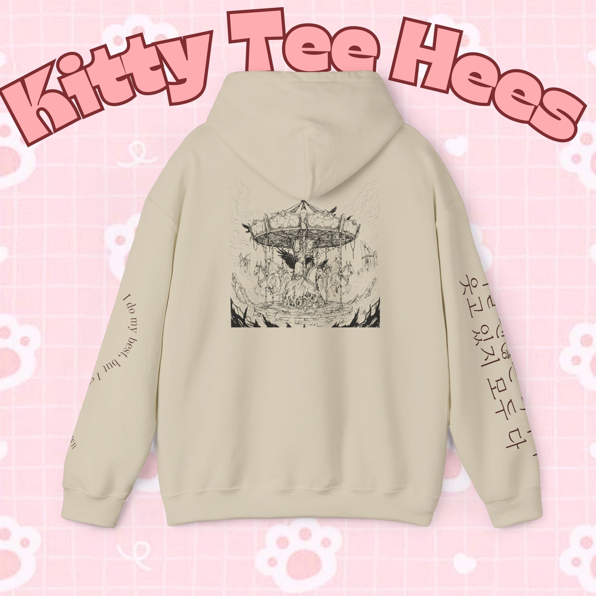 BTS Merry-go-round Arirang 2026 hoodie with carousel illustration, Korean script sleeves, and BTS lyric design by Printify.