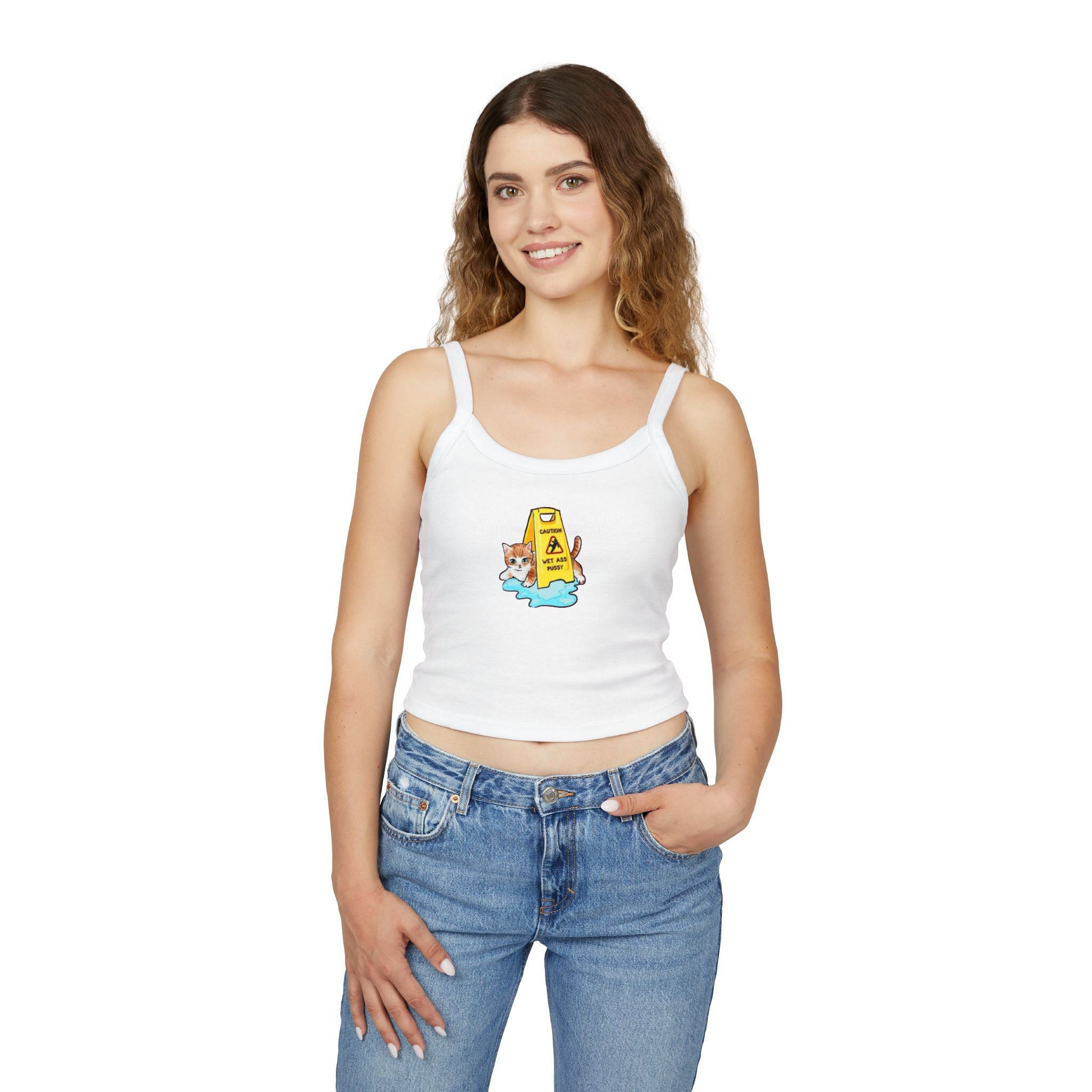 Printify fun cat warning tank top for women, cute spaghetti strap summer top with playful cat-themed design and pet lover style.