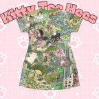 Green Kitty and plant all-over print T-shirt dress by Printify featuring a cute cat and foliage design for cat lovers.
