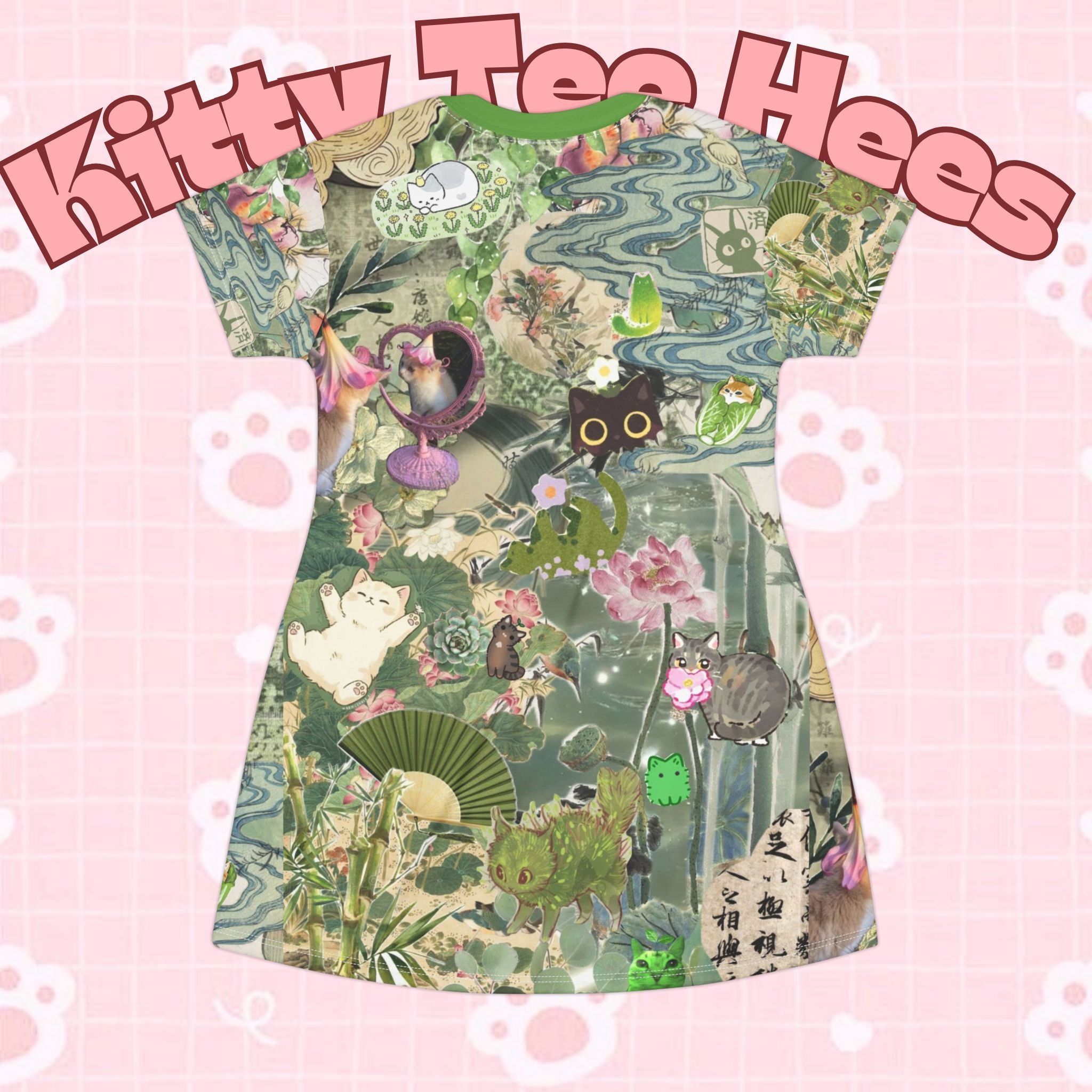 Green Kitty and plant all-over print T-shirt dress by Printify featuring a cute cat and foliage design for cat lovers.