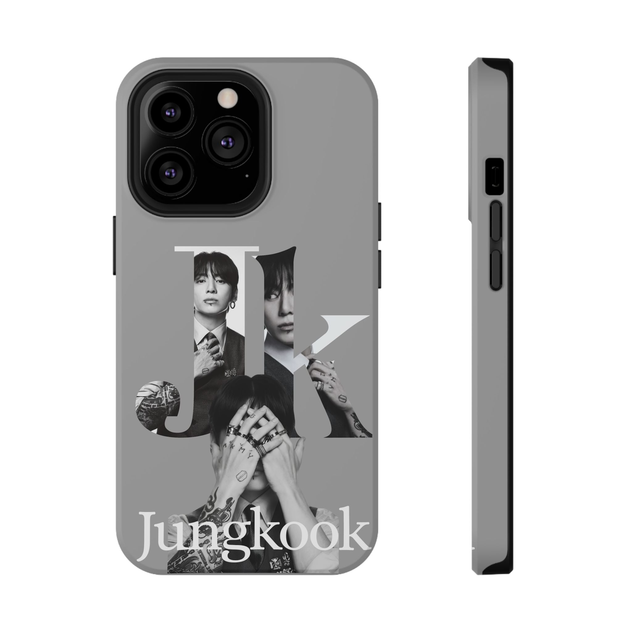 Monochrome BTS Jungkook phone case by Printify featuring impact-resistant design and letter motif for Galaxy and iPhone models.