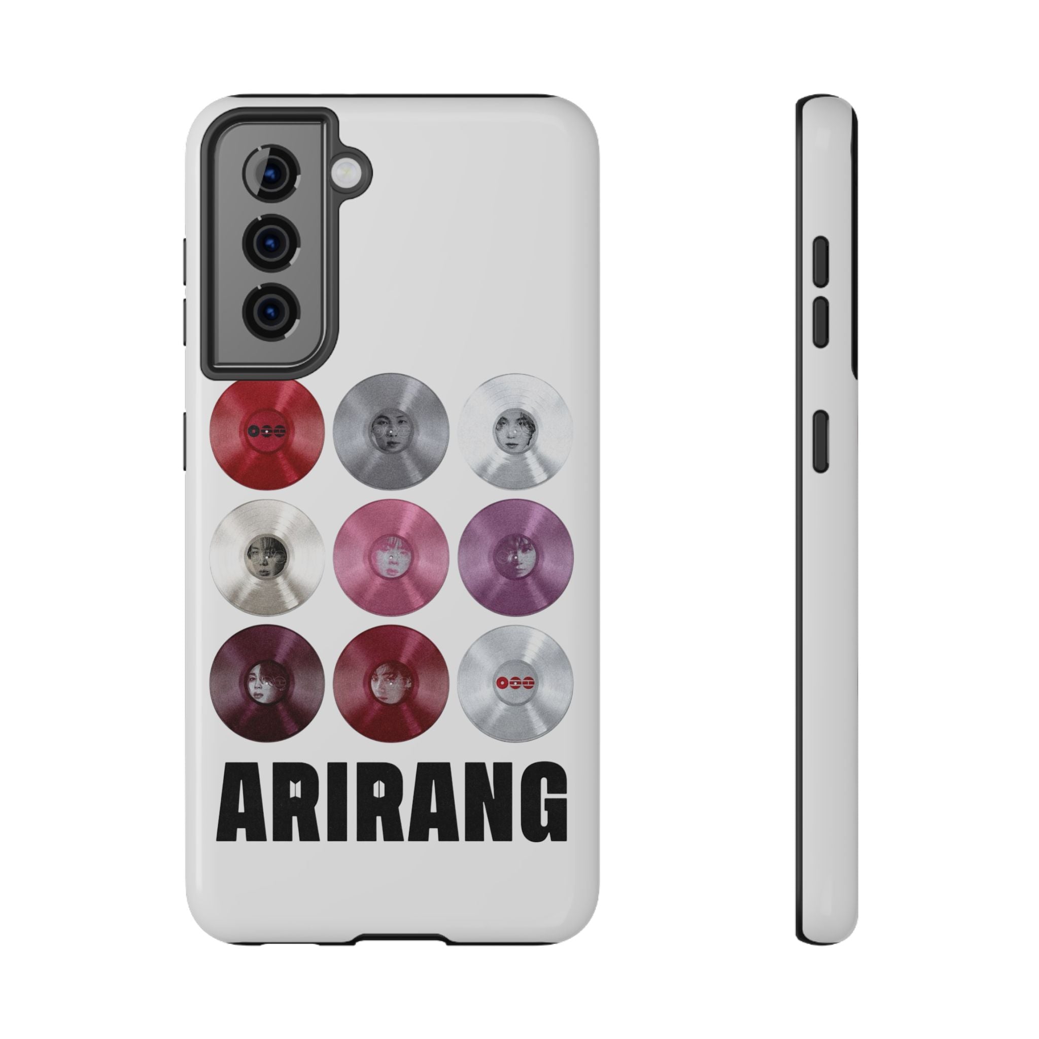 Impact-resistant Printify BTS Bangtan Arirang vinyl record grid phone case with colorful design for fans.
