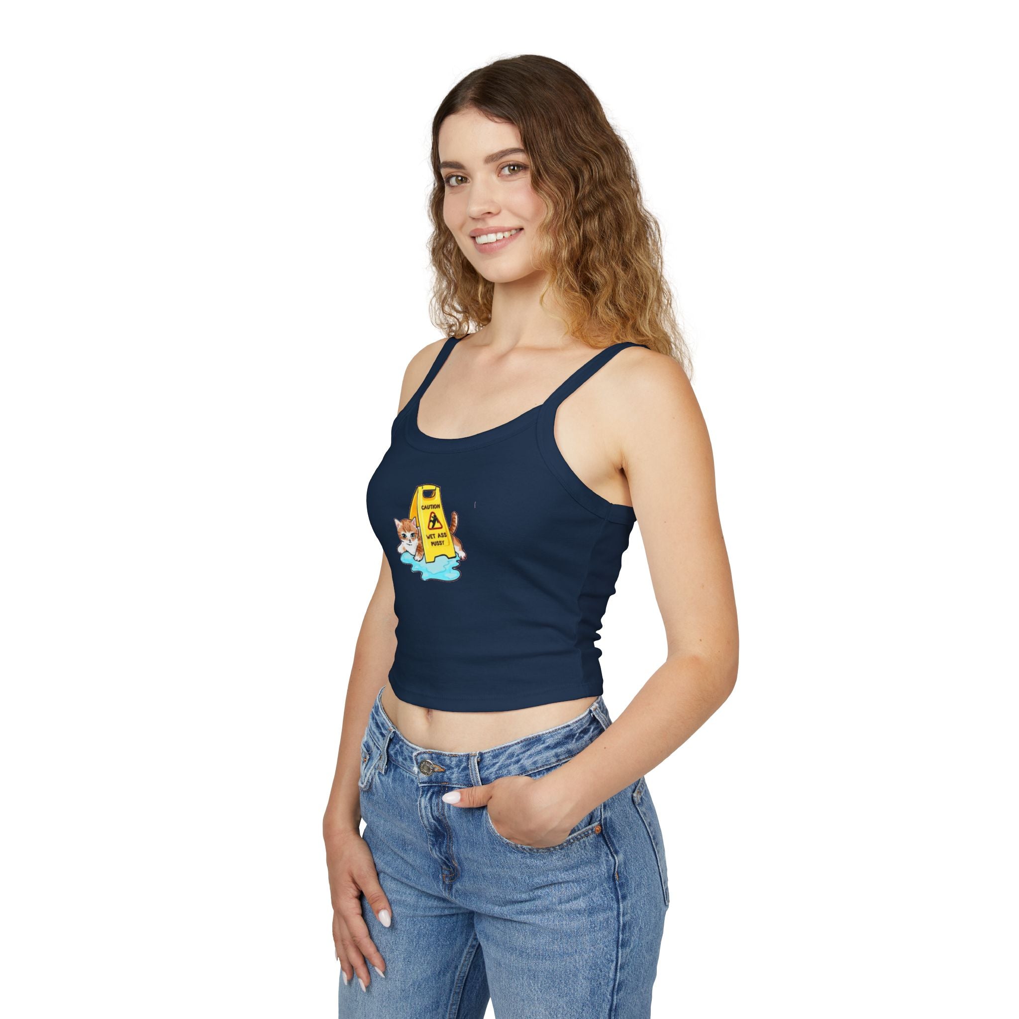 Cute cat-themed tank top for women, spaghetti strap summer top featuring playful cat designs, perfect for pet lovers.