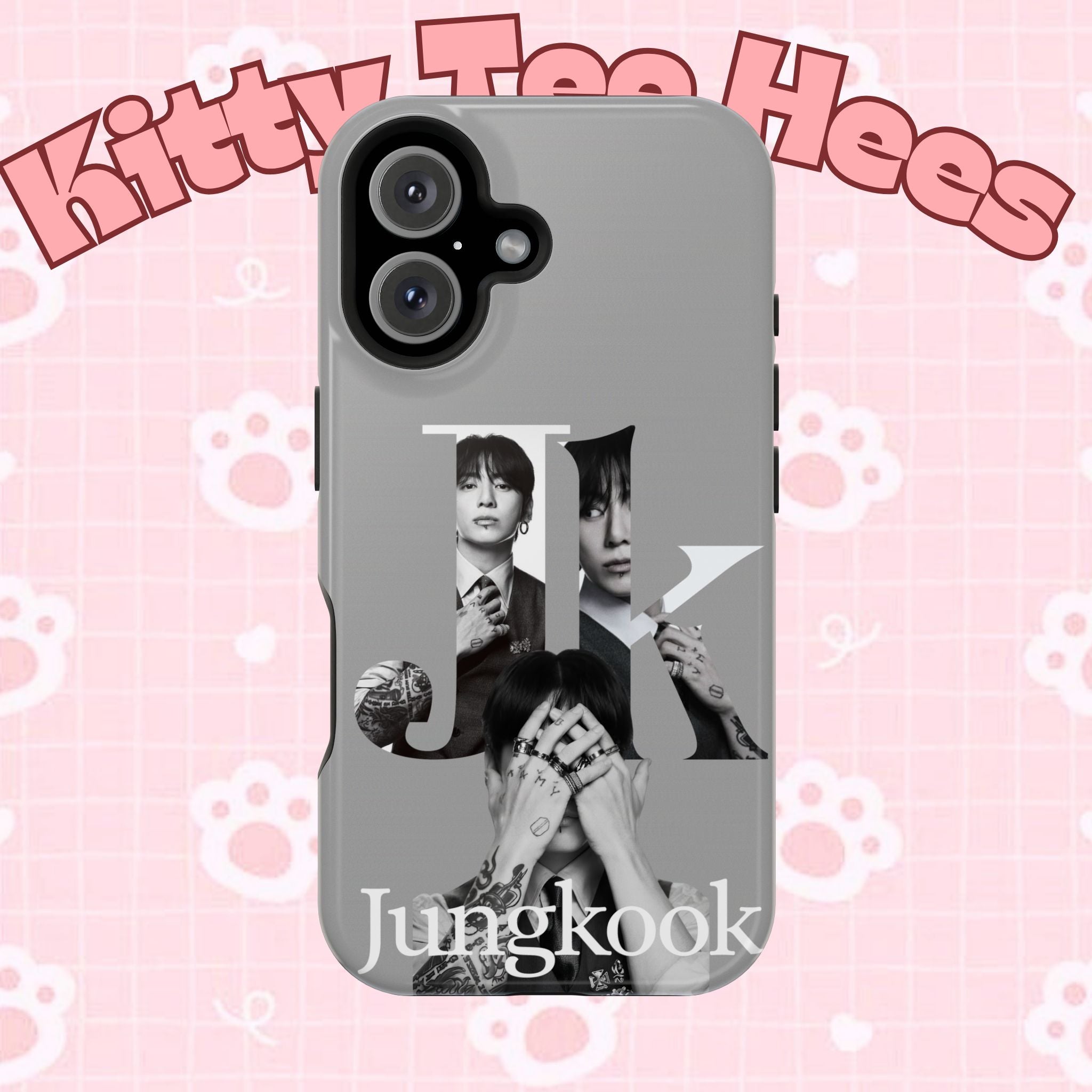 Monochrome BTS Jungkook phone case with impact-resistant design, featuring letter print, compatible with various smartphones.