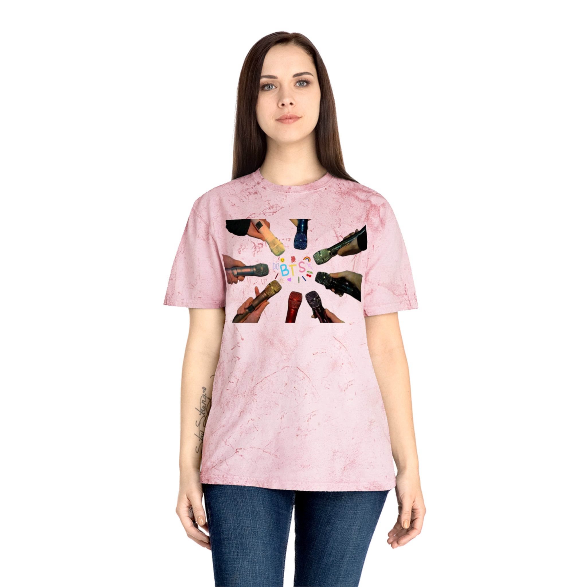 Colorful BTS concert T-shirt featuring rainbow mic design and logo, inspired by K-Pop band BTS, casual fit and vibrant style.