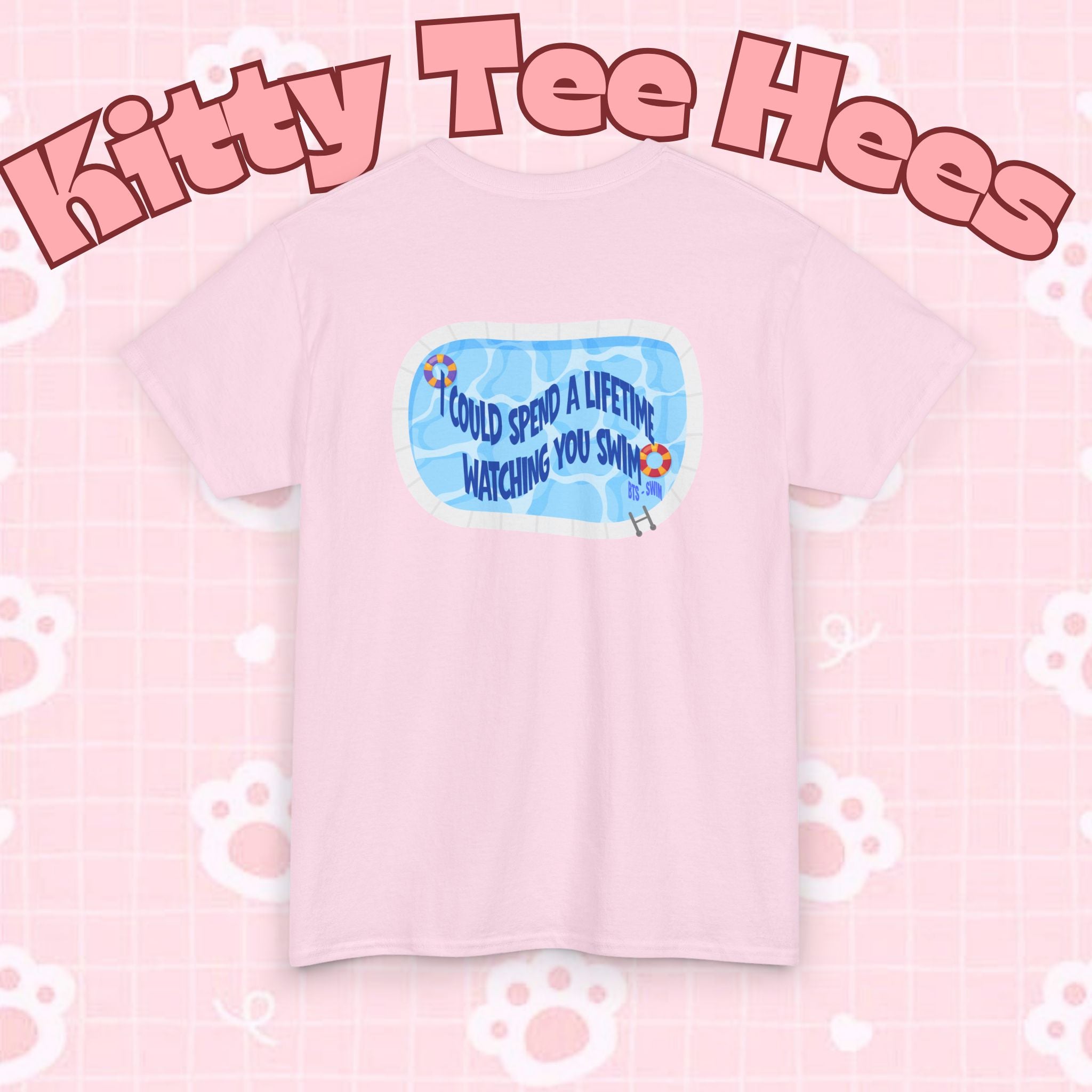 Printify BTS swim graphic T-shirt featuring a pool scene and "I could spend a lifetime watching you swim" text, casual concert tee.