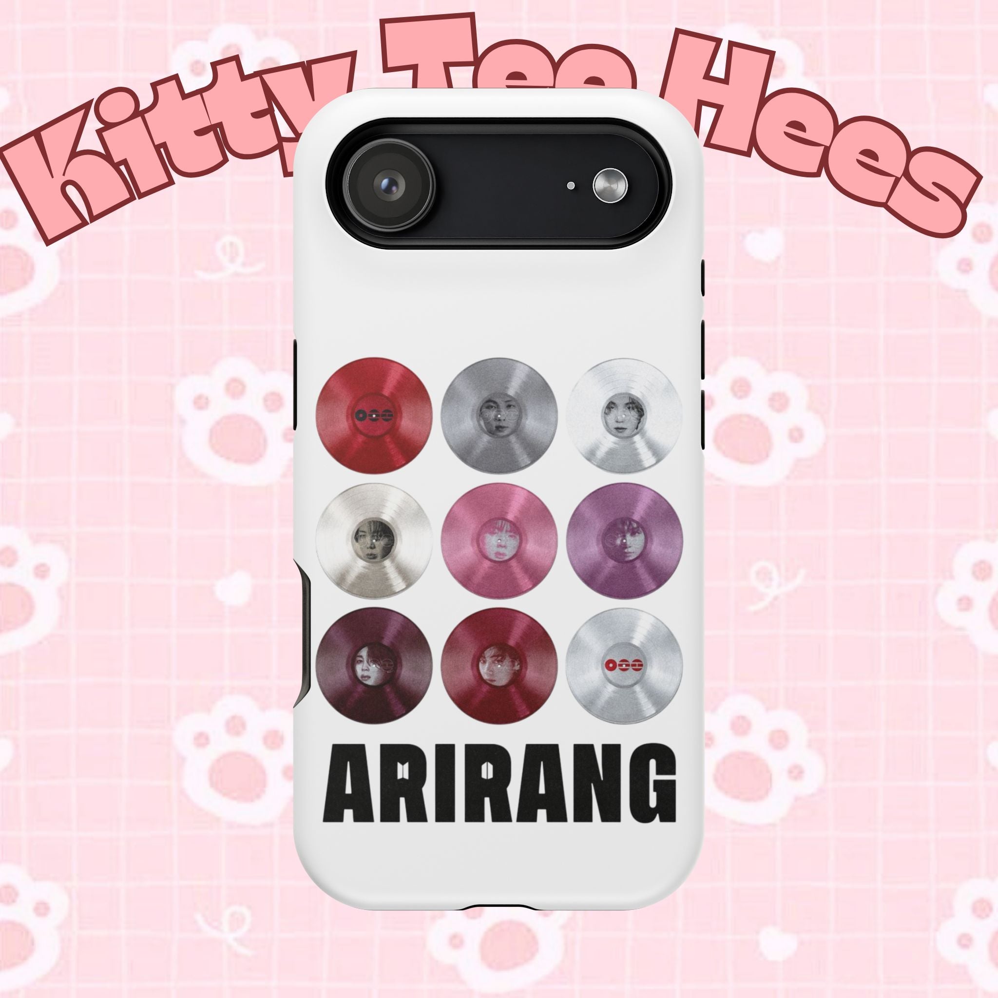 Printify BTS Arirang vinyl record grid phone case featuring impact-resistant design and BTS fan merch artwork.
