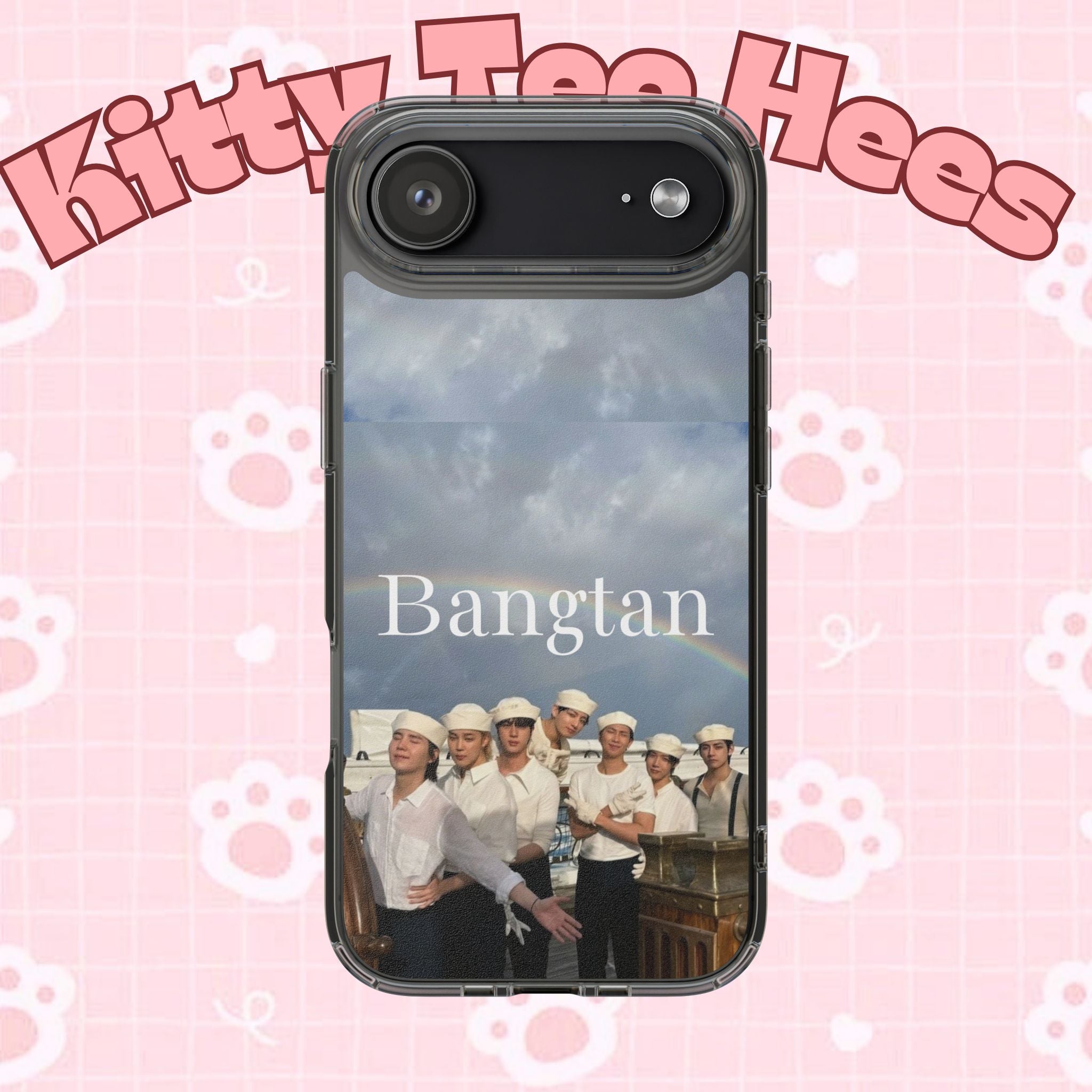 Clear impact-resistant phone case featuring cute Bangtan Boys K-pop design for a stylish look on a smartphone.
