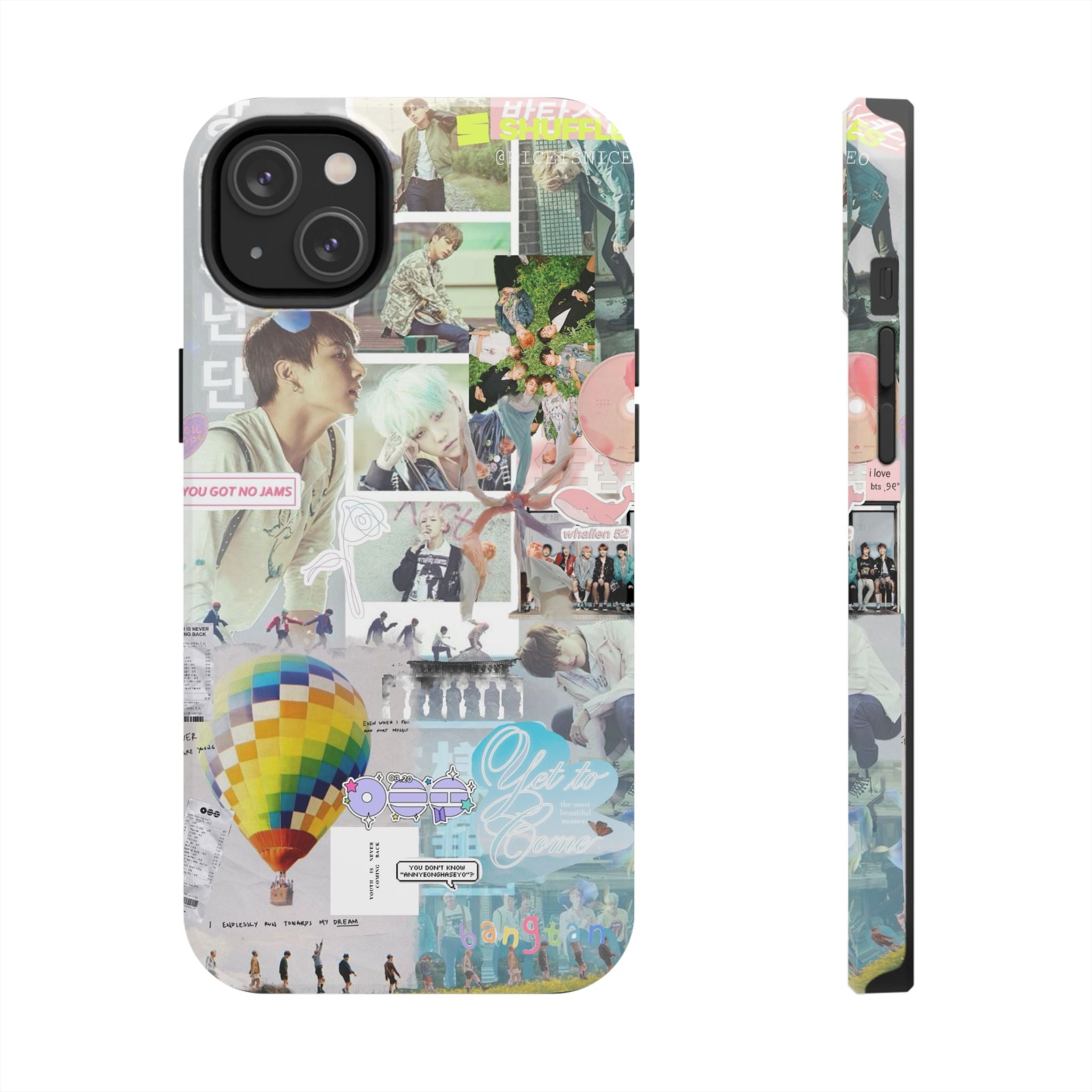 K-Pop BTS collage phone case for iPhone and Samsung with pastel hot air balloon and aesthetic design, tough protective cover.