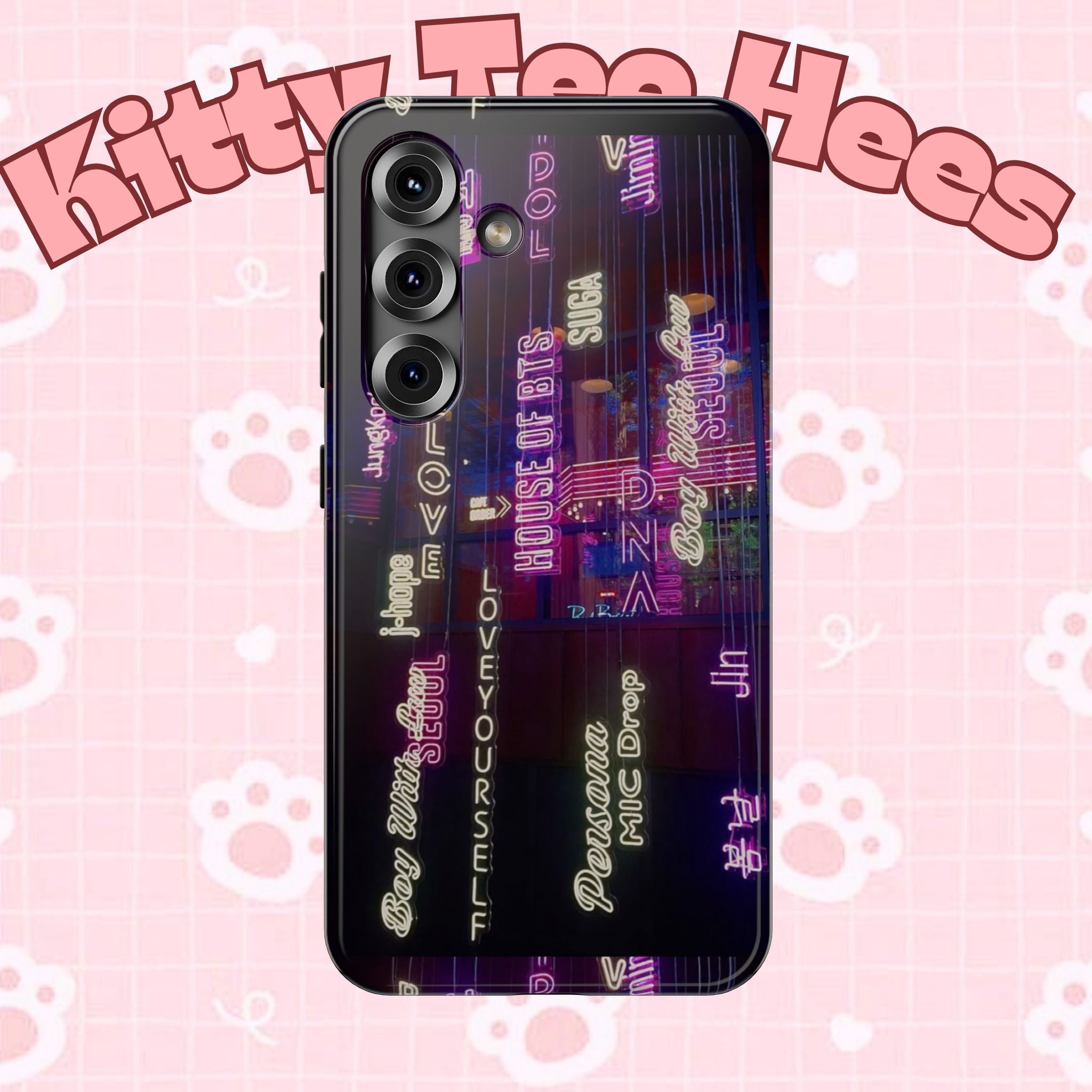 Neon Korean script BTS phone case for iPhone and Samsung, impact-resistant Printify case with vibrant neon design.
