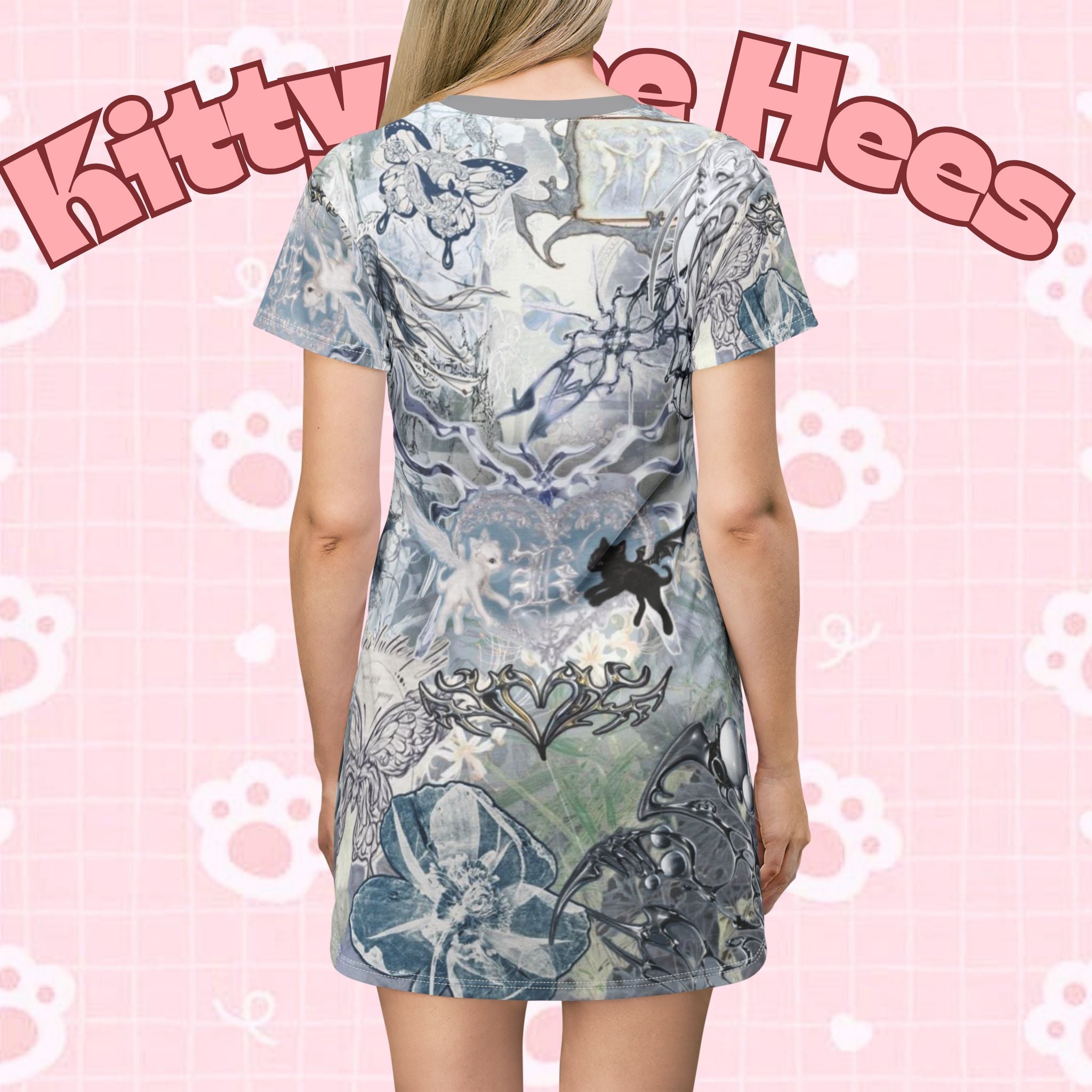 Ethereal floral cybercore T-shirt dress with all-over print, featuring magical fairy-inspired design for casual and festival fashion.