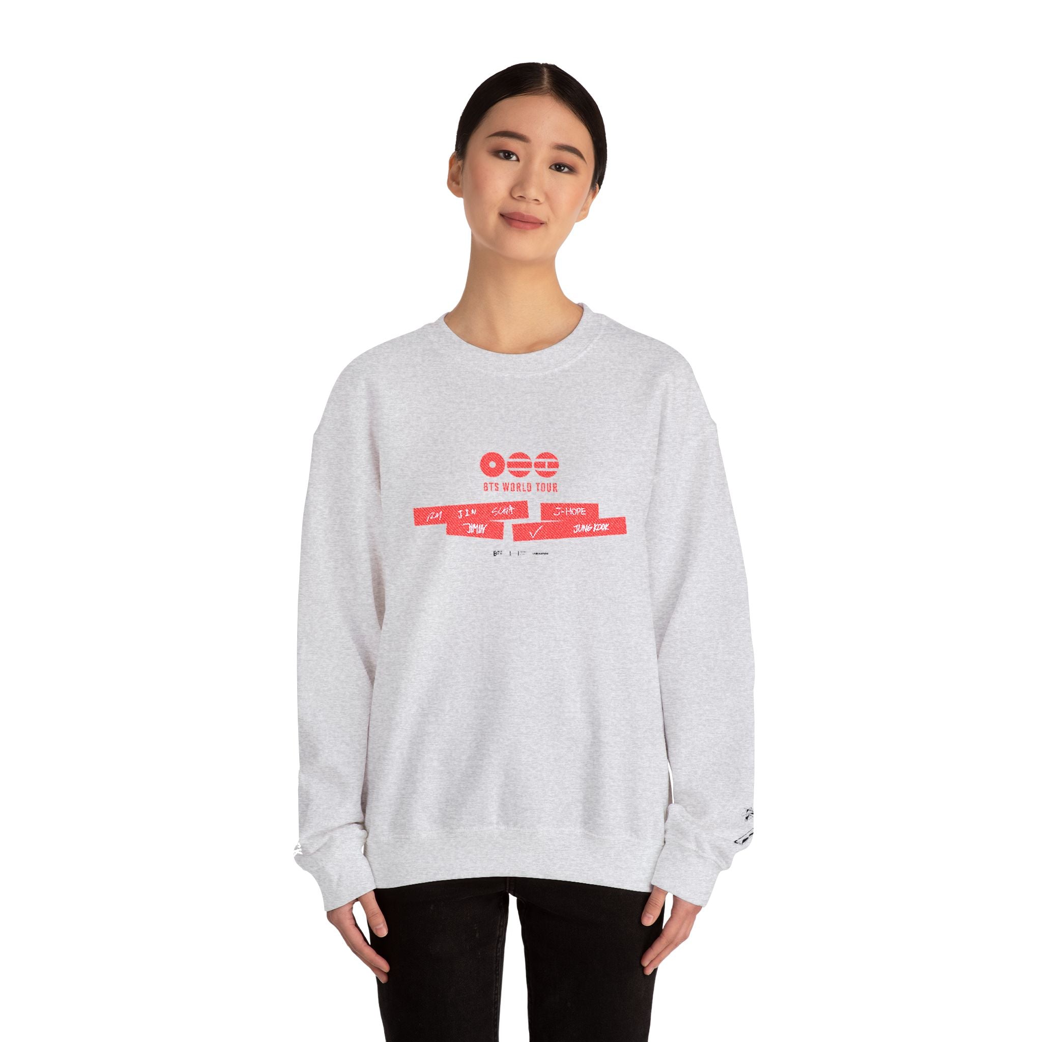 BTS ARIRANG 2026 comeback sweatshirt by Printify featuring concert tour design in black and white, casual streetwear style.