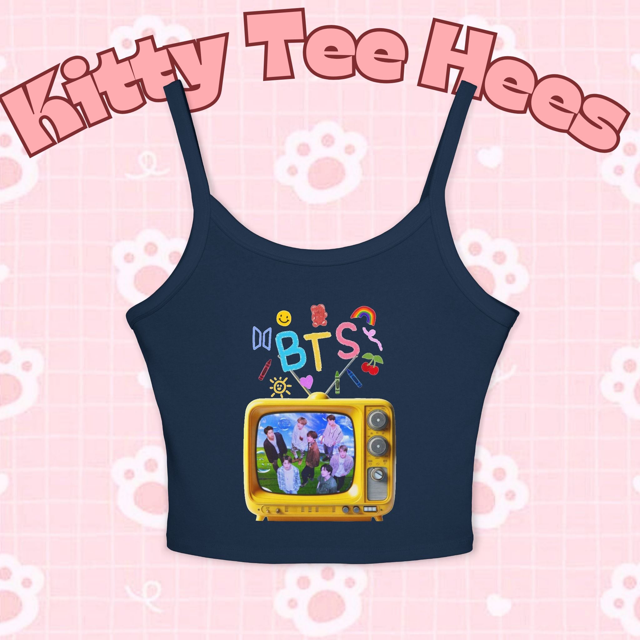 Cute BTS tank top featuring retro television K-pop graphic design, perfect for Bangtan Boys fans and kidcore style.