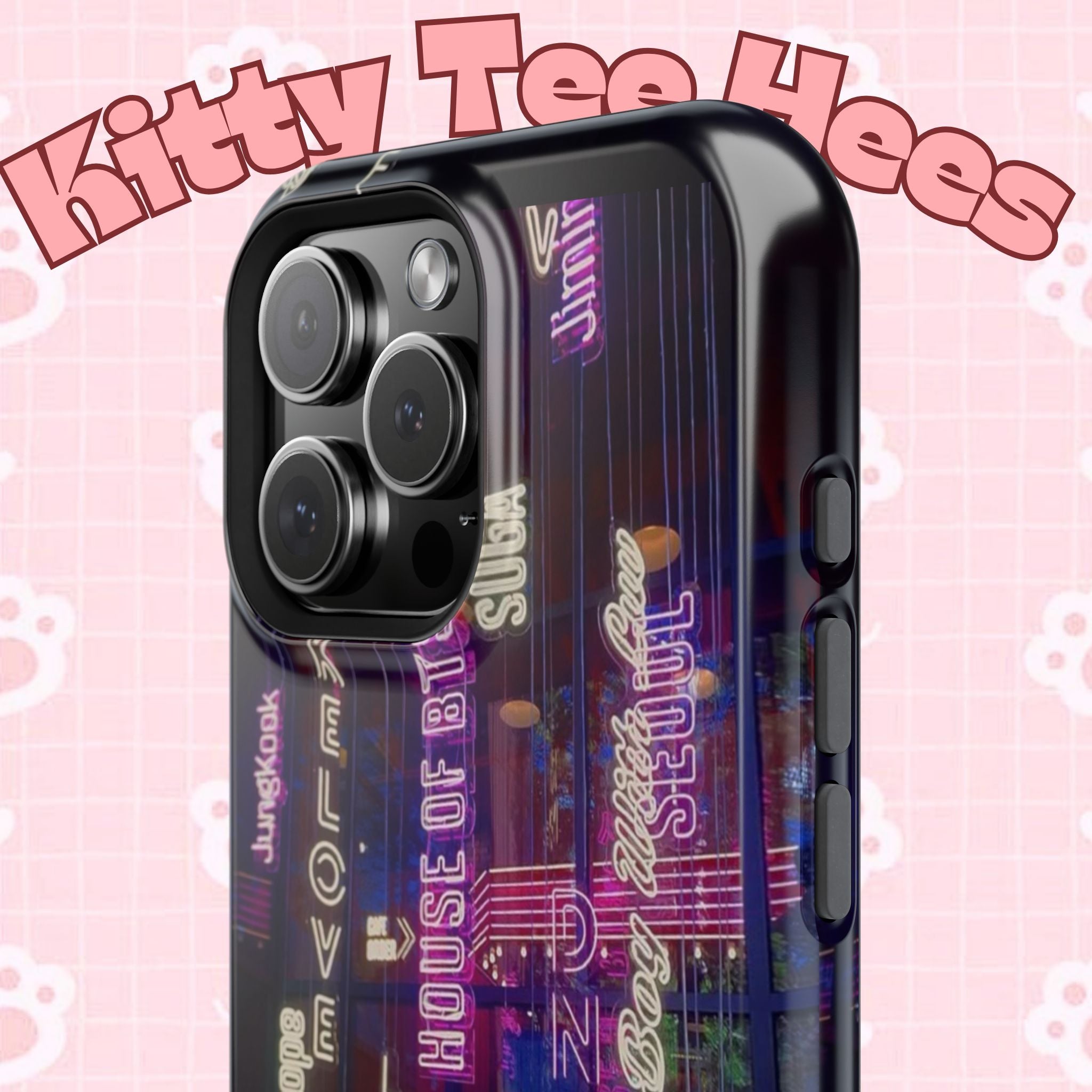 Neon Korean script BTS phone case for iPhone and Samsung, impact-resistant printify case featuring Bangtan Sonyeondan design.