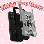 Monochrome BTS Jungkook phone case with impact-resistant design, featuring bold letter branding and a sleek, protective style.