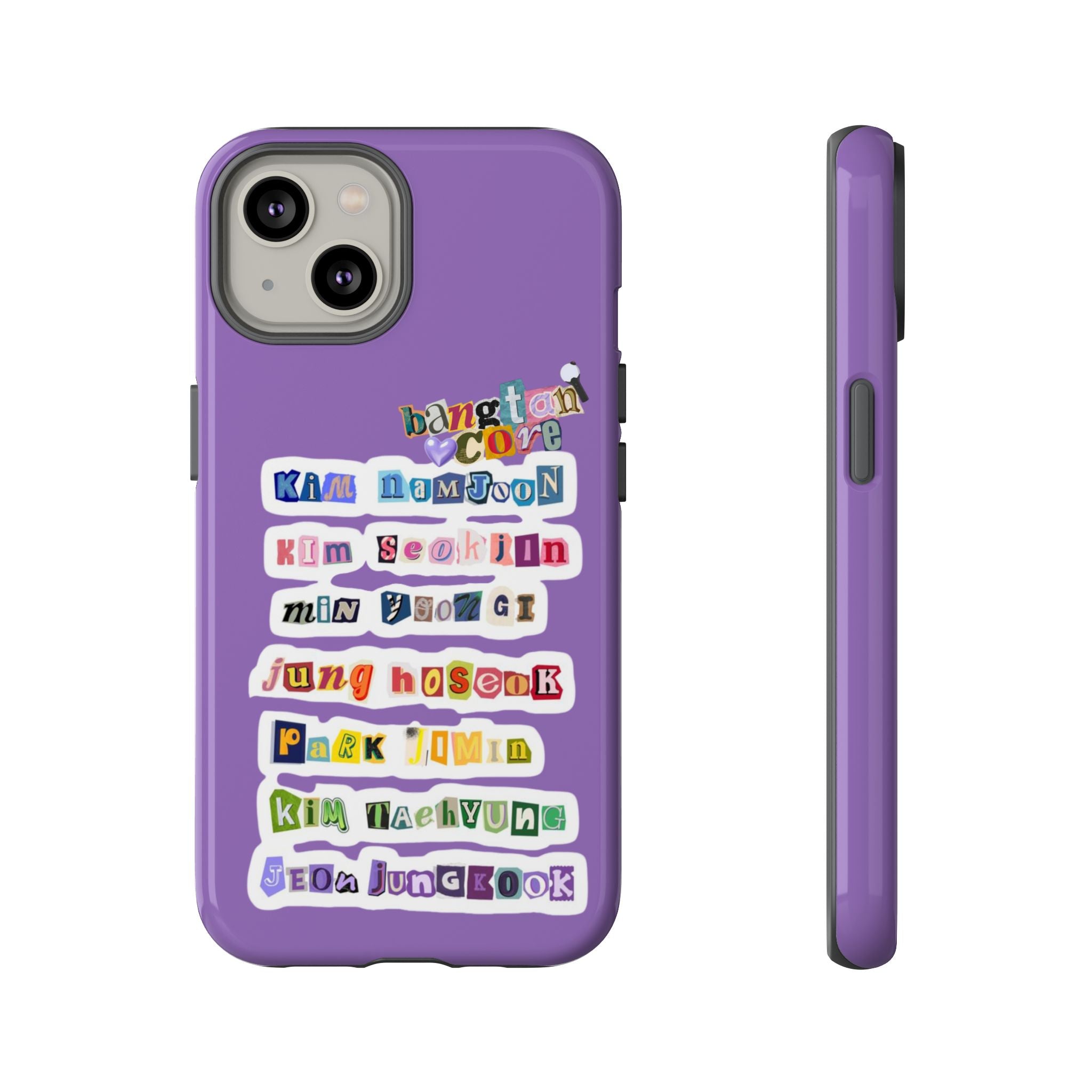 BTS member names phone case featuring Jungkook, Jimin, and Rap Monster on a tough iPhone 17 case by Printify.