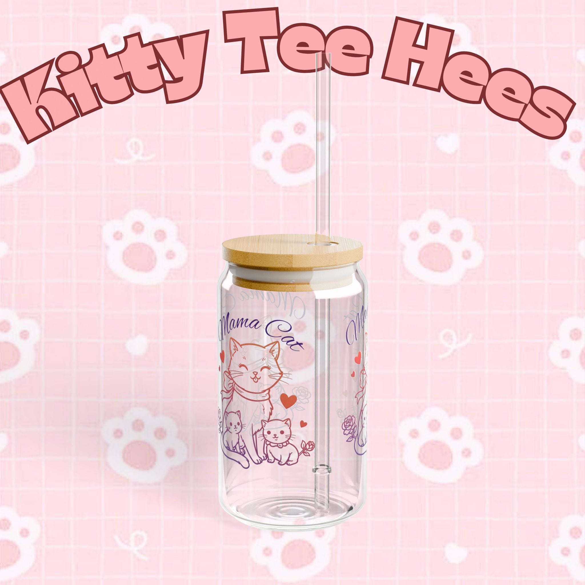 Cute Mama Cat glass water bottle featuring a cat design, 16oz cat-themed drinkware perfect for cat lovers and mothers.