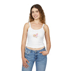 Cat print women's spaghetti strap tank top with bow detail, casual summer shirt for cat lovers, cute and fun fashion.