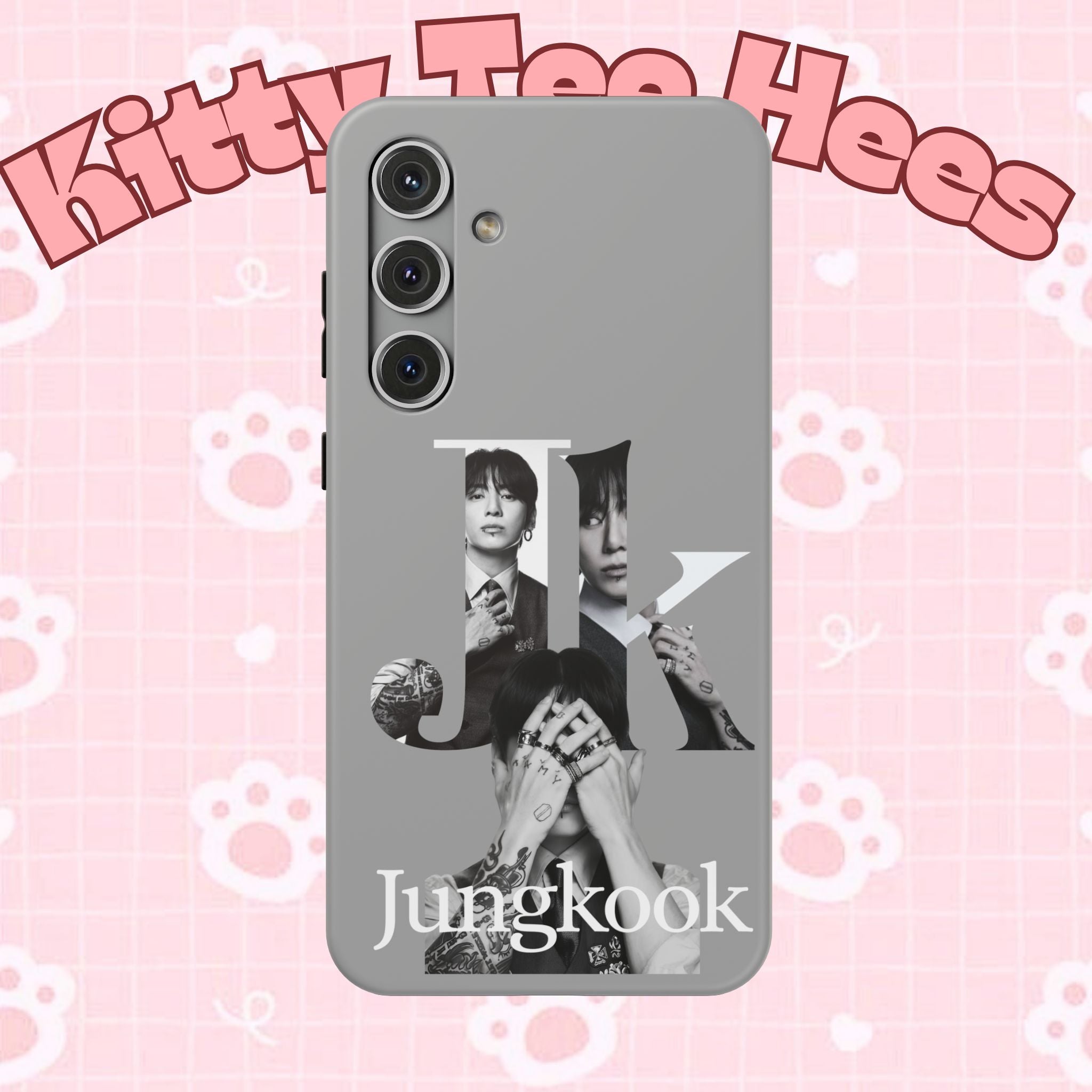 Printify monochrome BTS Jungkook phone case featuring bold letter design, impact-resistant cover for popular Bangtan Sonyeondan member.