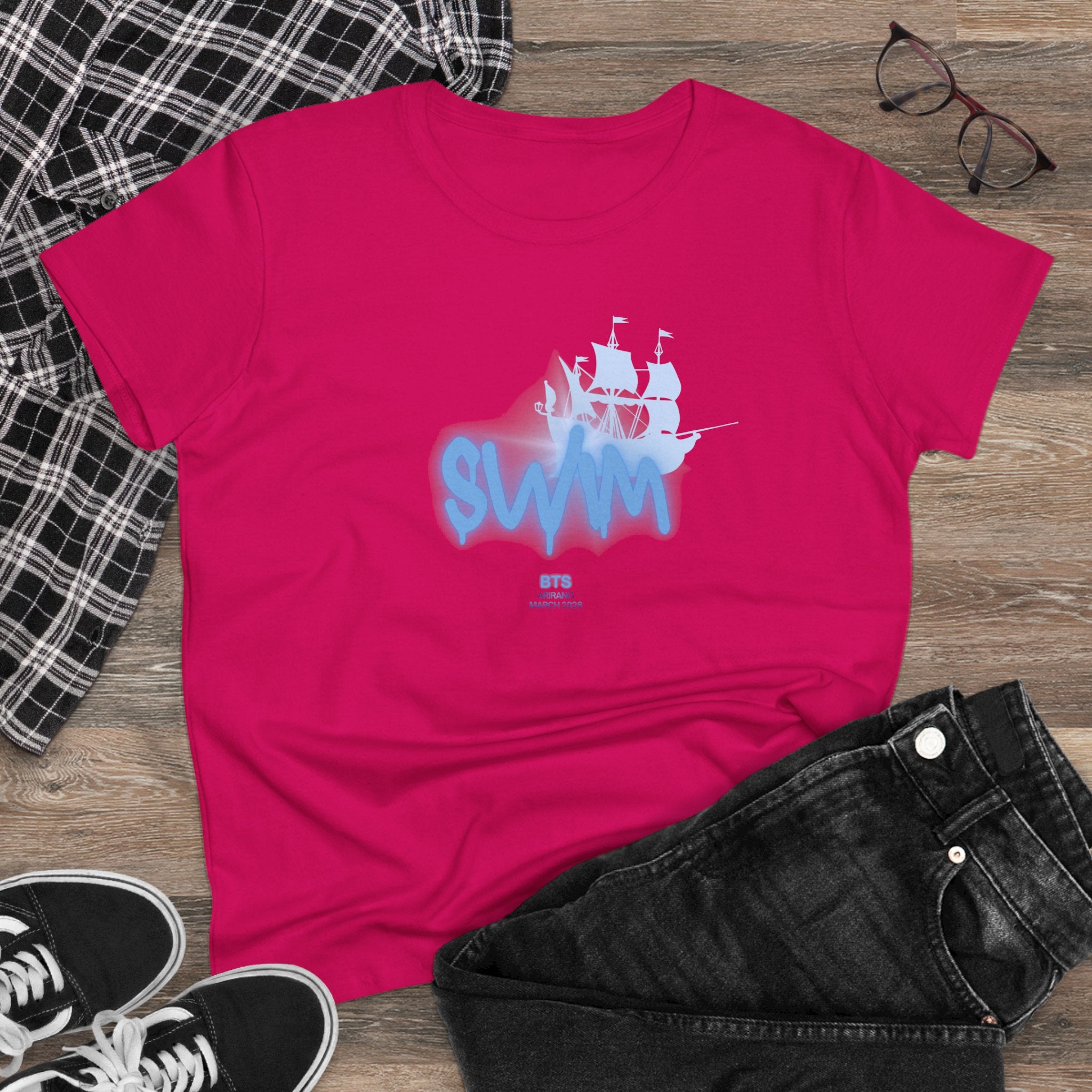 Women's BTS Sailboat Script Logo T-shirt featuring Bangtan World Tour design, cotton fabric, perfect for concert and casual wear.