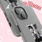 Monochrome BTS Jungkook phone case by Printify, impact-resistant design featuring bold letter and Jungkook's portrait.