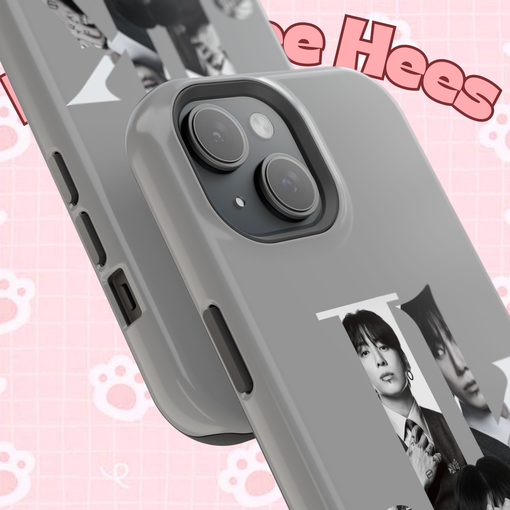 Monochrome BTS Jungkook phone case by Printify, impact-resistant design featuring bold letter and Jungkook's portrait.