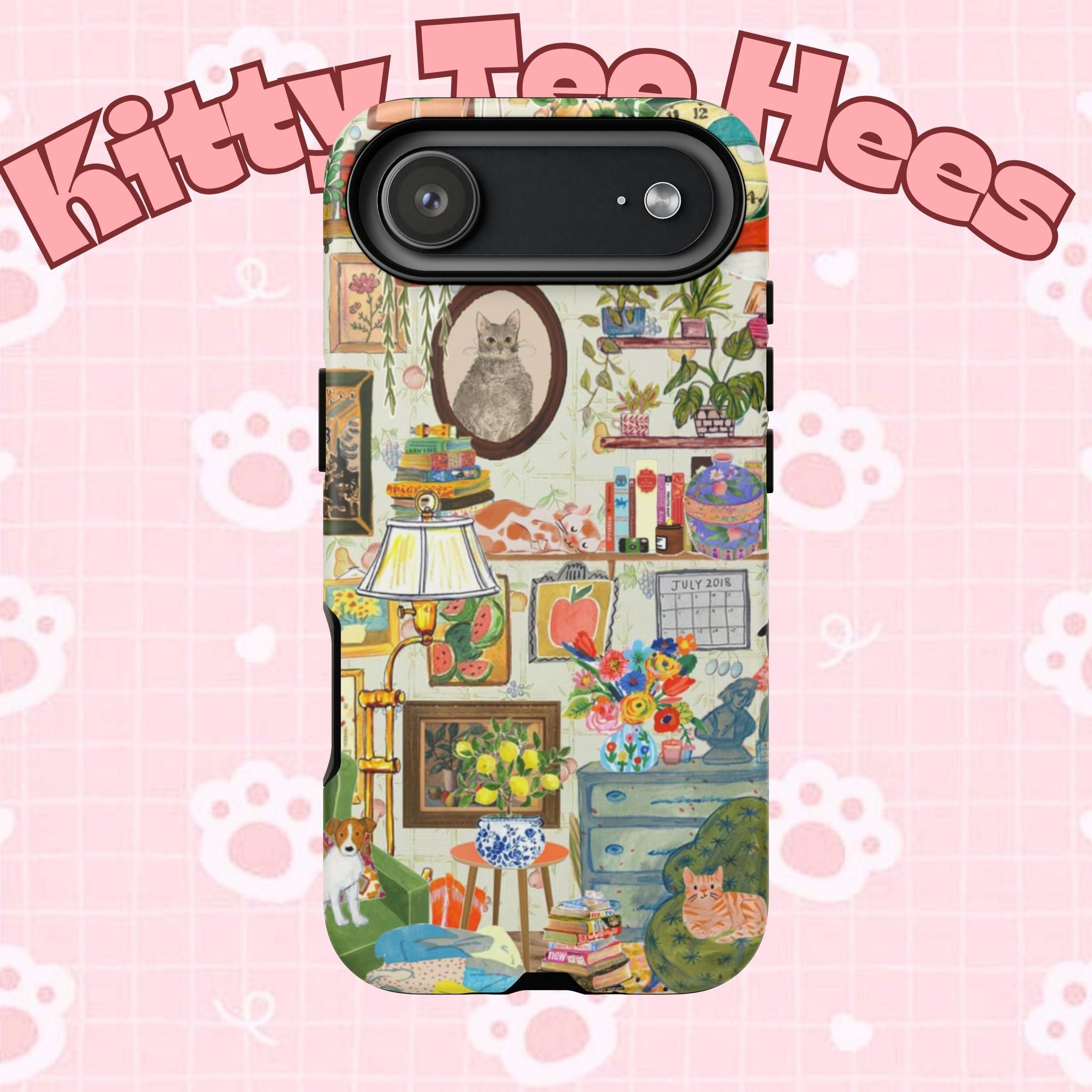 Cute cat portrait phone case for iPhone 17, stylish Printify case with cozy living room design and pet home theme.