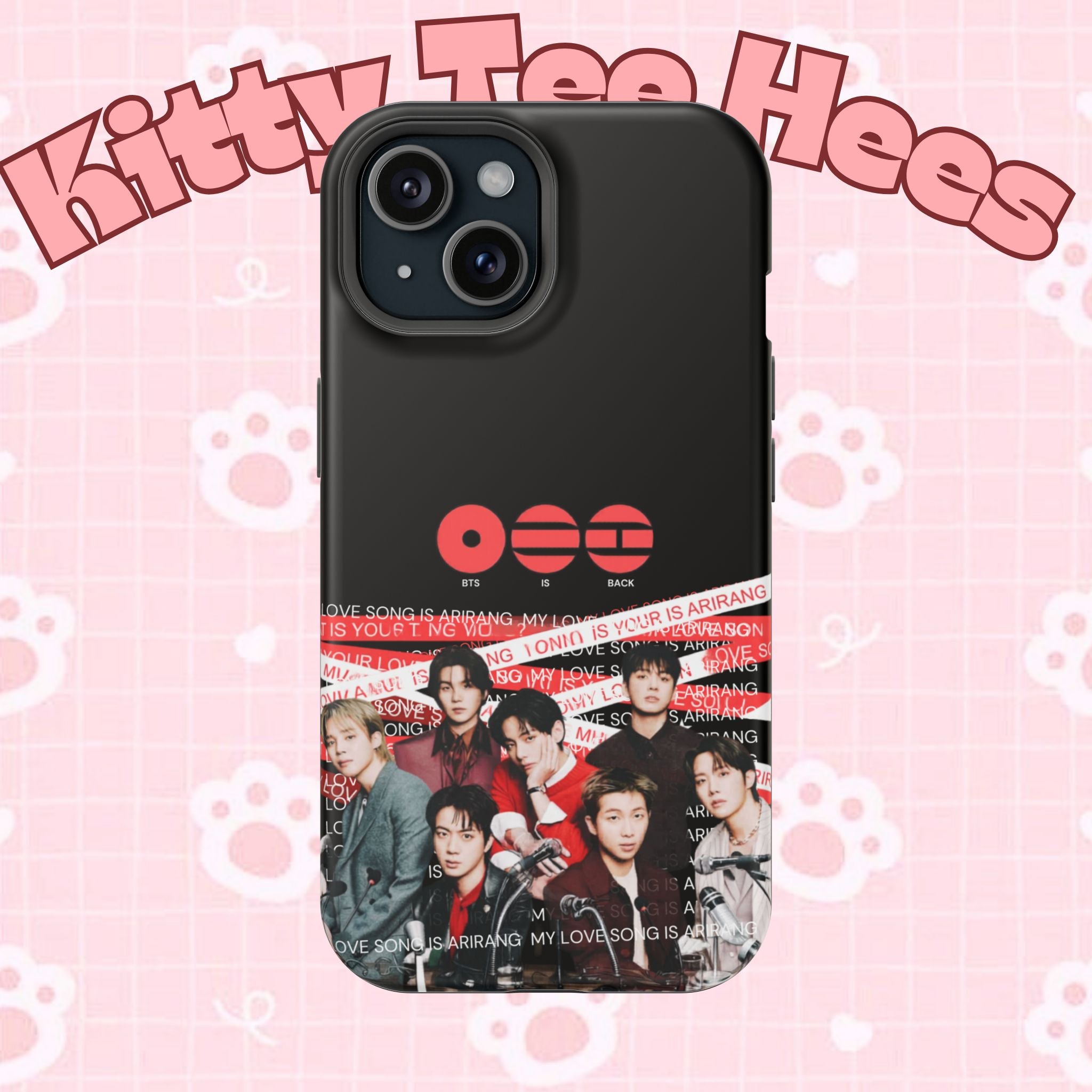 Custom BTS Bangtan phone case featuring fanmade K-pop band photo, impact-resistant design for iPhone or Android.