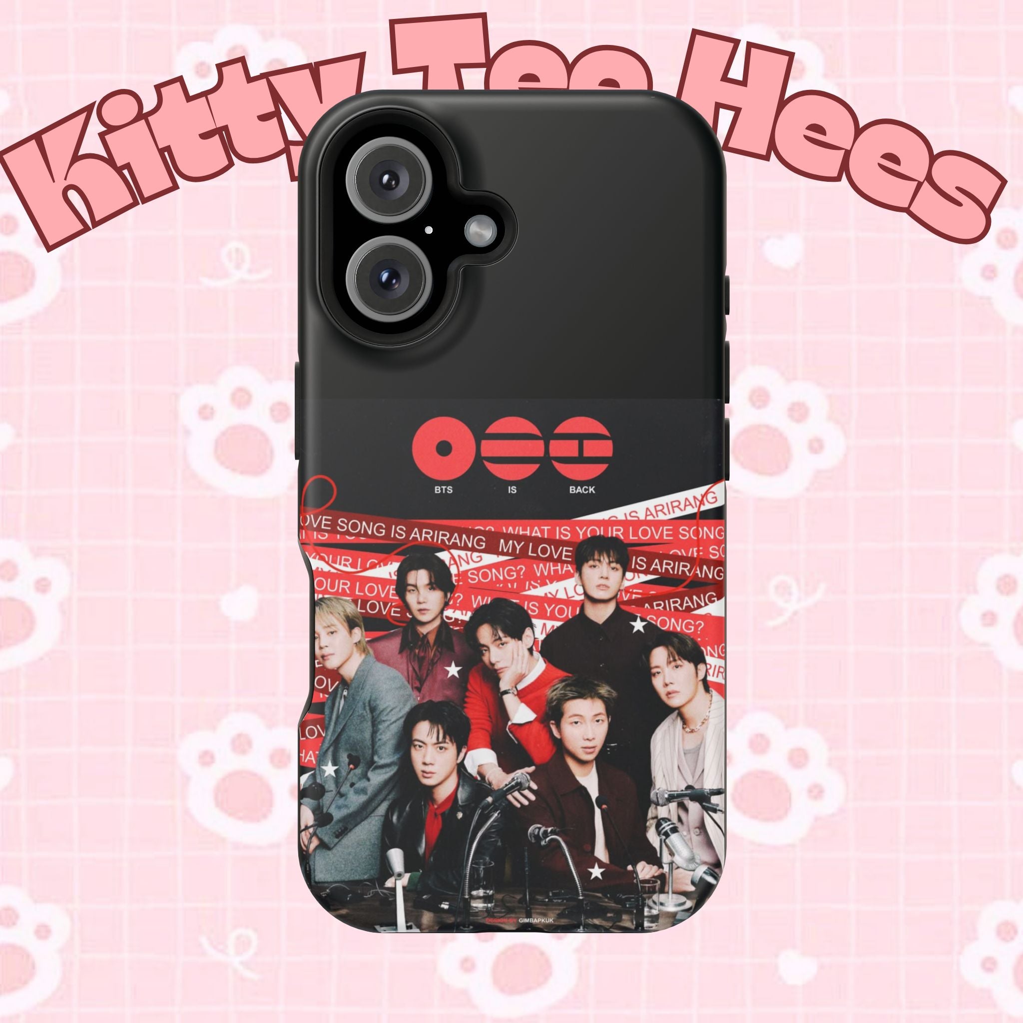 K-Pop BTS Arirang phone case by Printify featuring Bangtan concert design, impact-resistant protective phone cover with band photo.