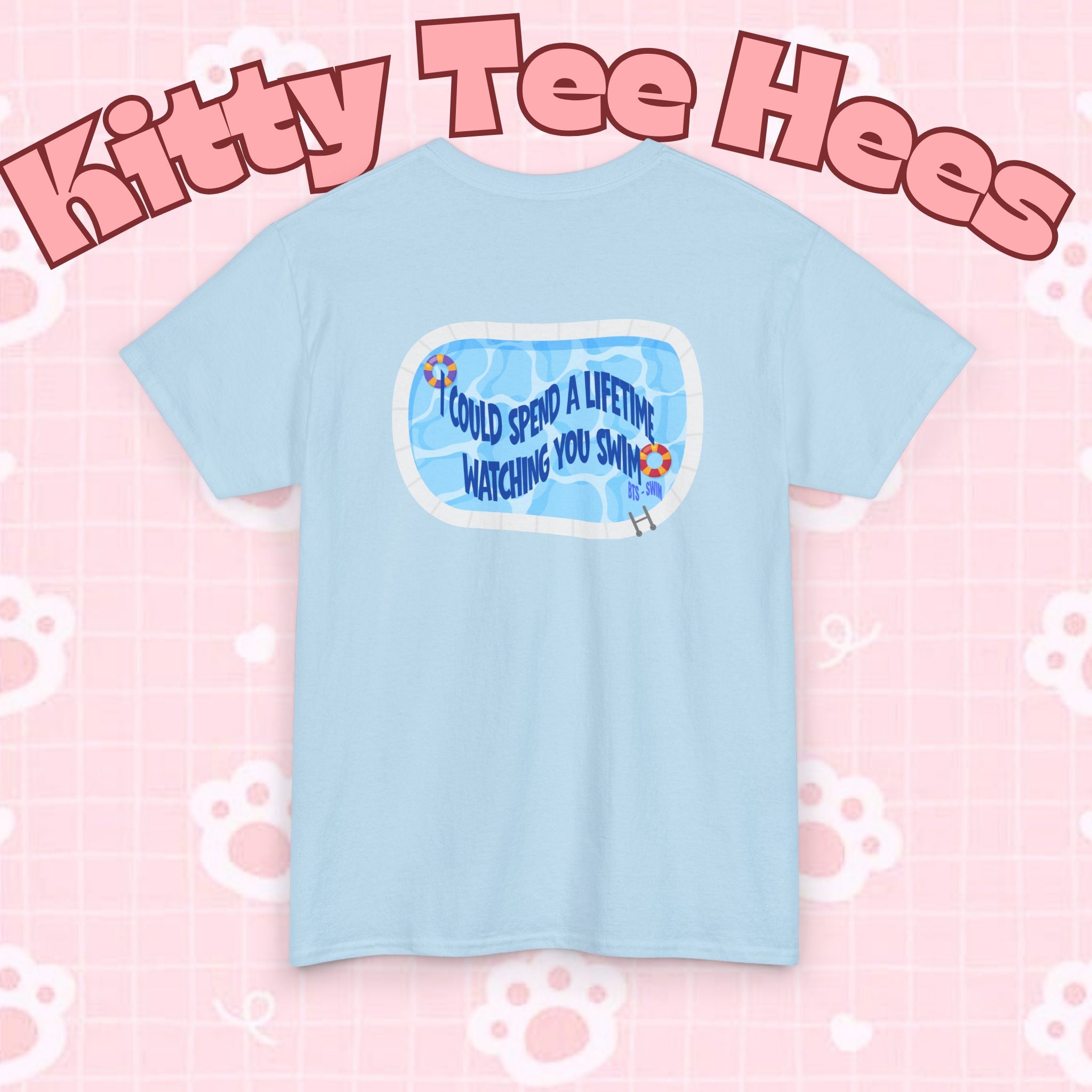 Arirang BTS swim graphic T-shirt featuring Bangtan pool scene and BTS concert design, casual cotton tee by Printify.