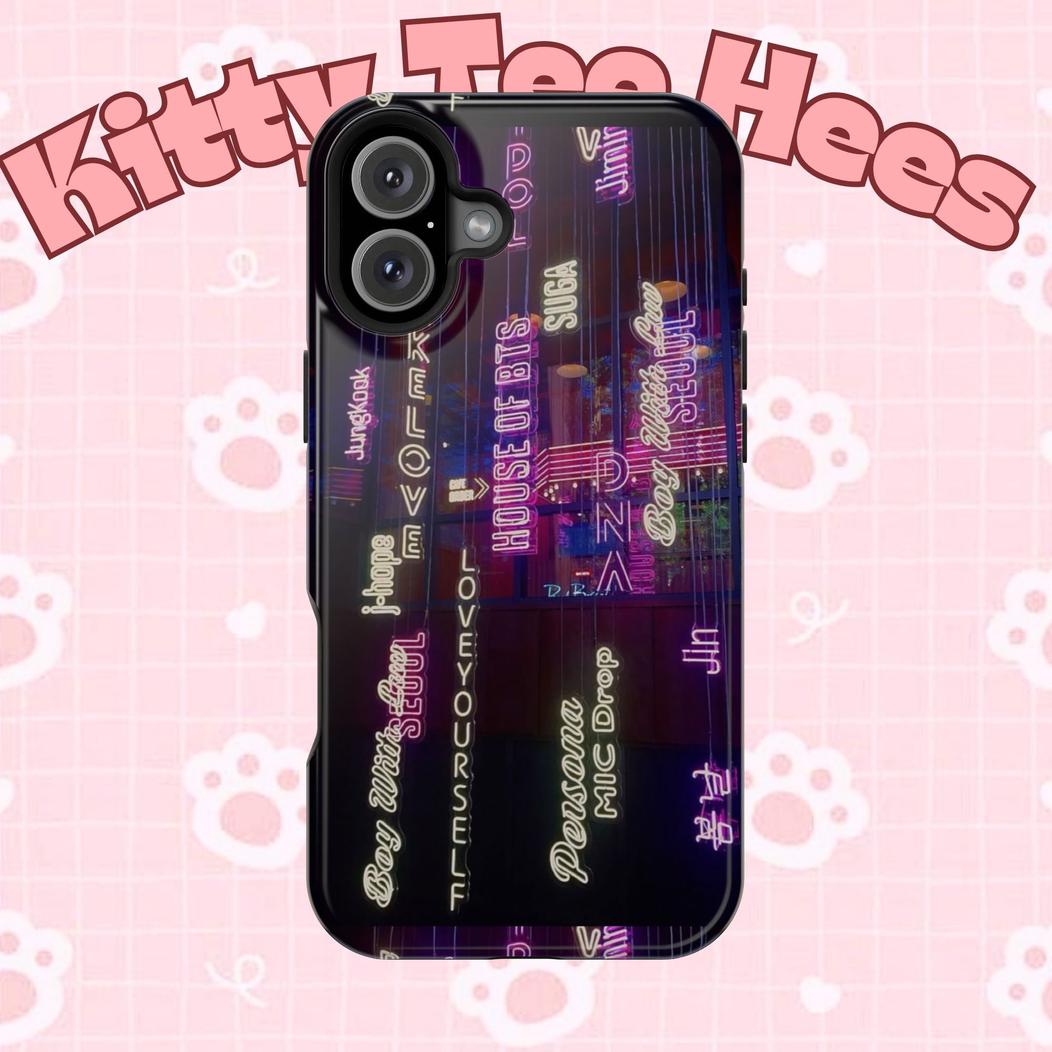 Neon Korean script BTS phone case for iPhone and Samsung, impact-resistant printify impact-resistant case featuring Bangtan Sonyeondan design