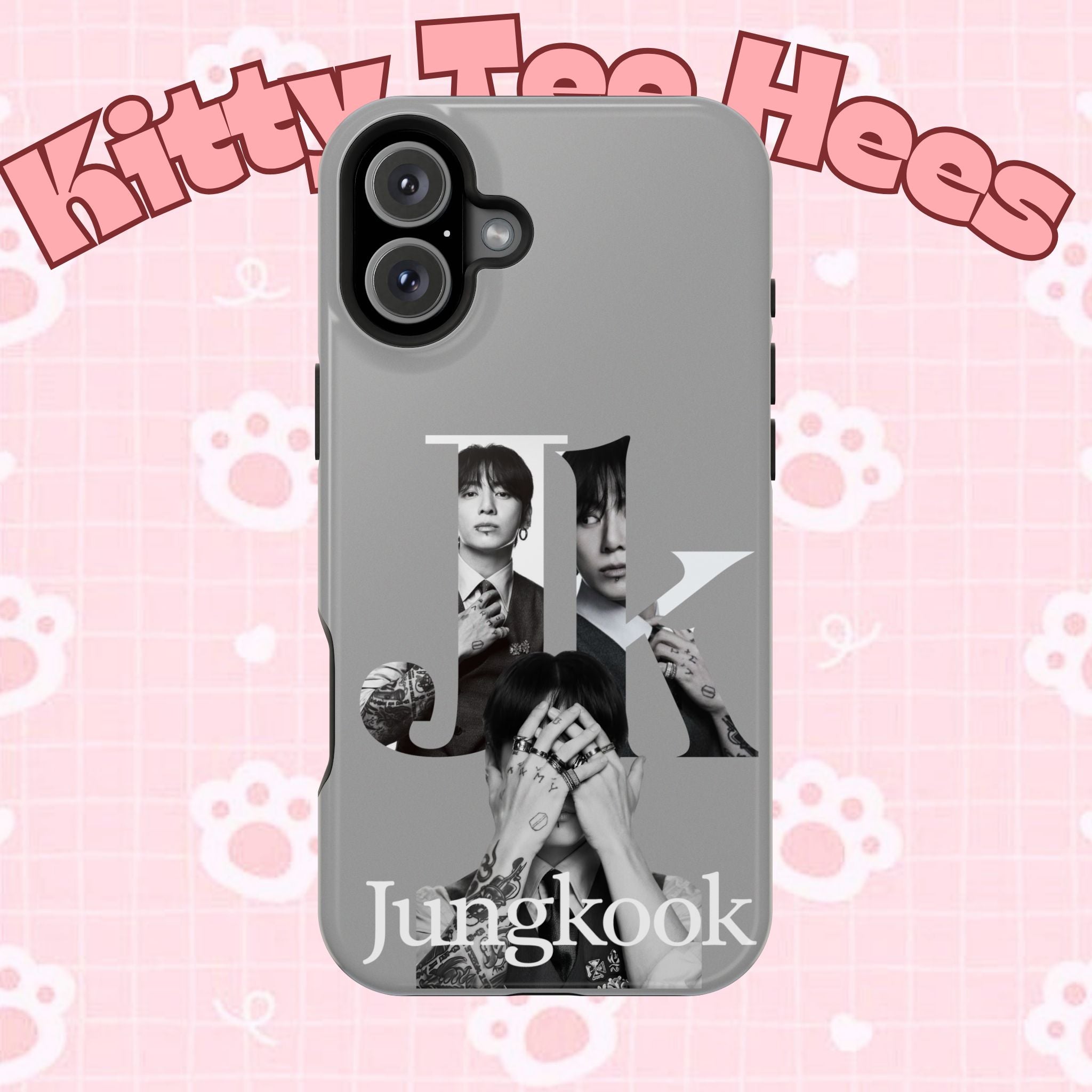 Impact-resistant phone case featuring monochrome letter design of Jungkook from BTS, suitable for stylish protection.