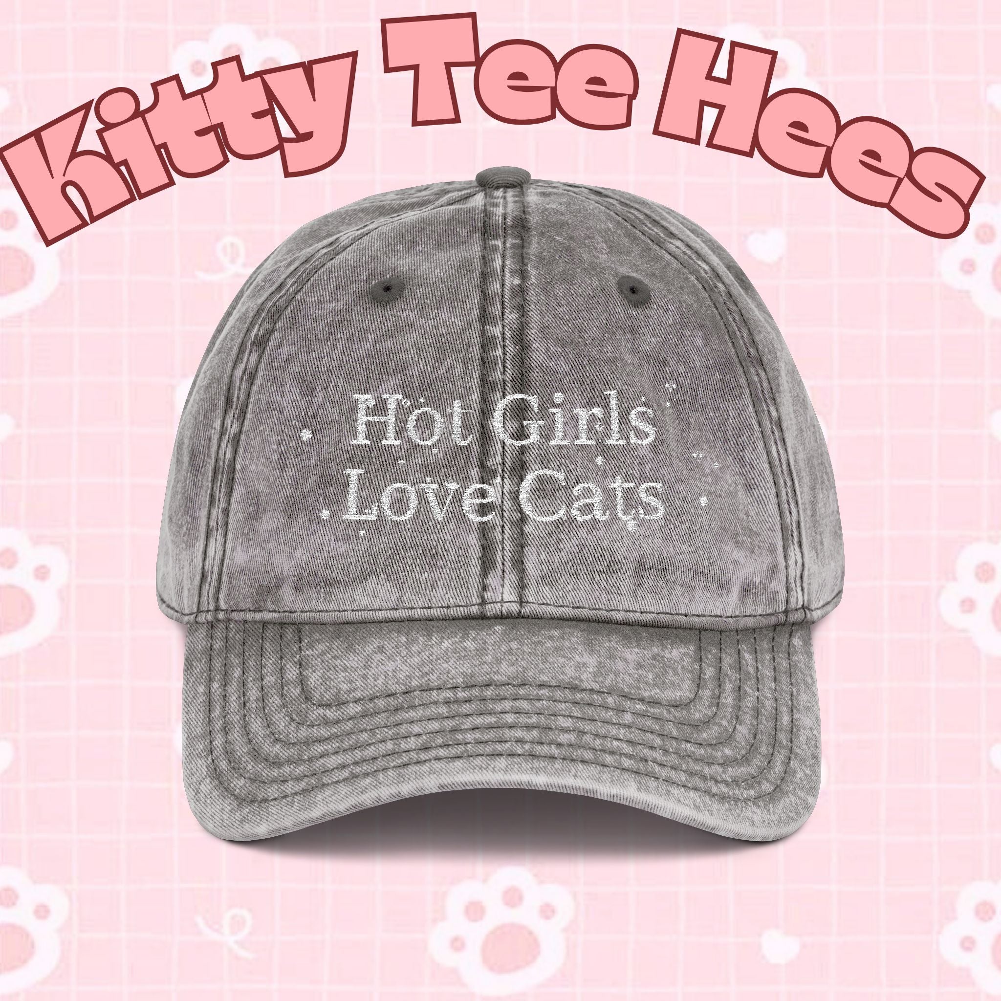 Vintage style embroidered hat with "Hot Girls Love Cats" design, casual wear accessory, printed by Printify.
