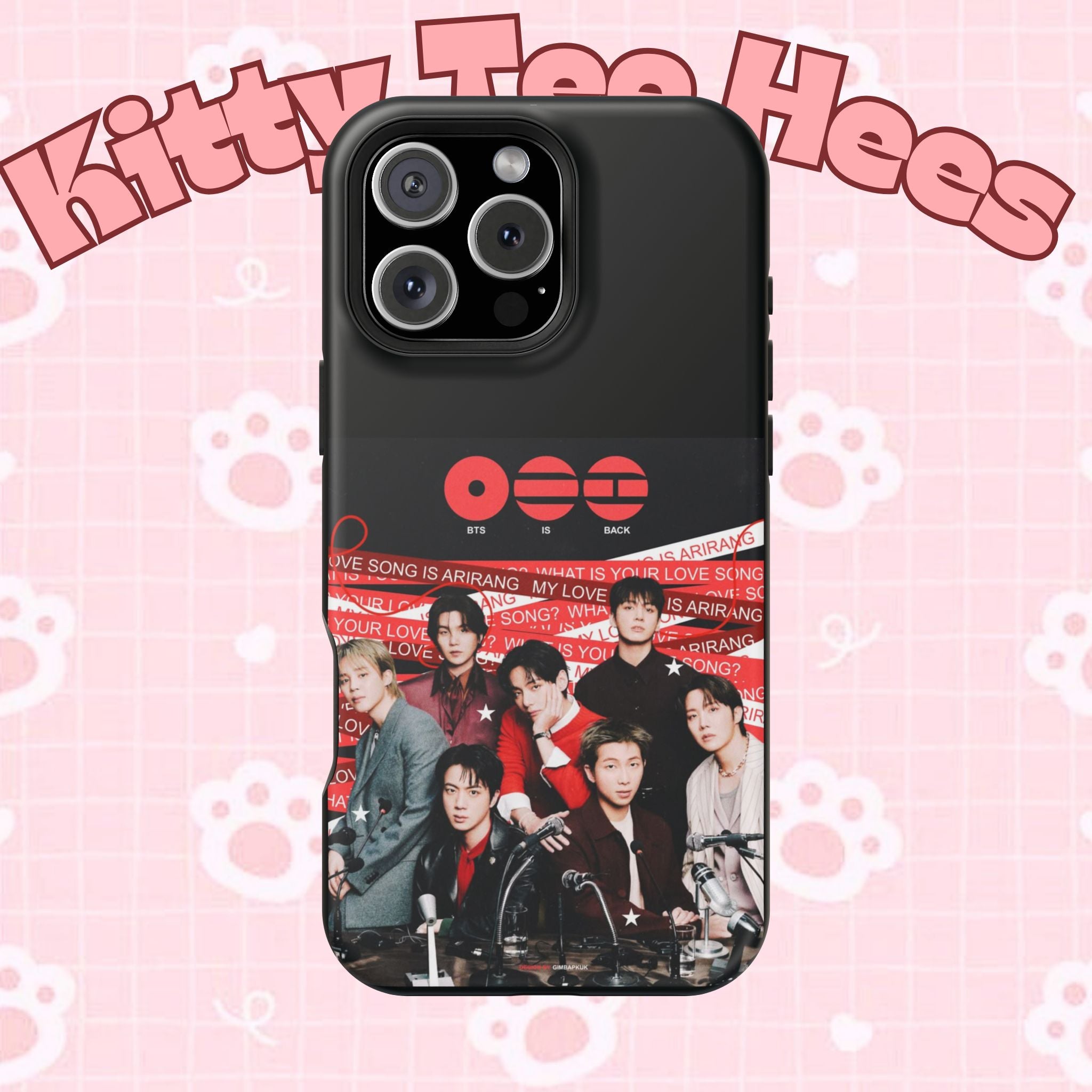 Printify BTS Arirang phone case featuring Bangtan concert design, impact-resistant K-Pop band photo phone case for fans.