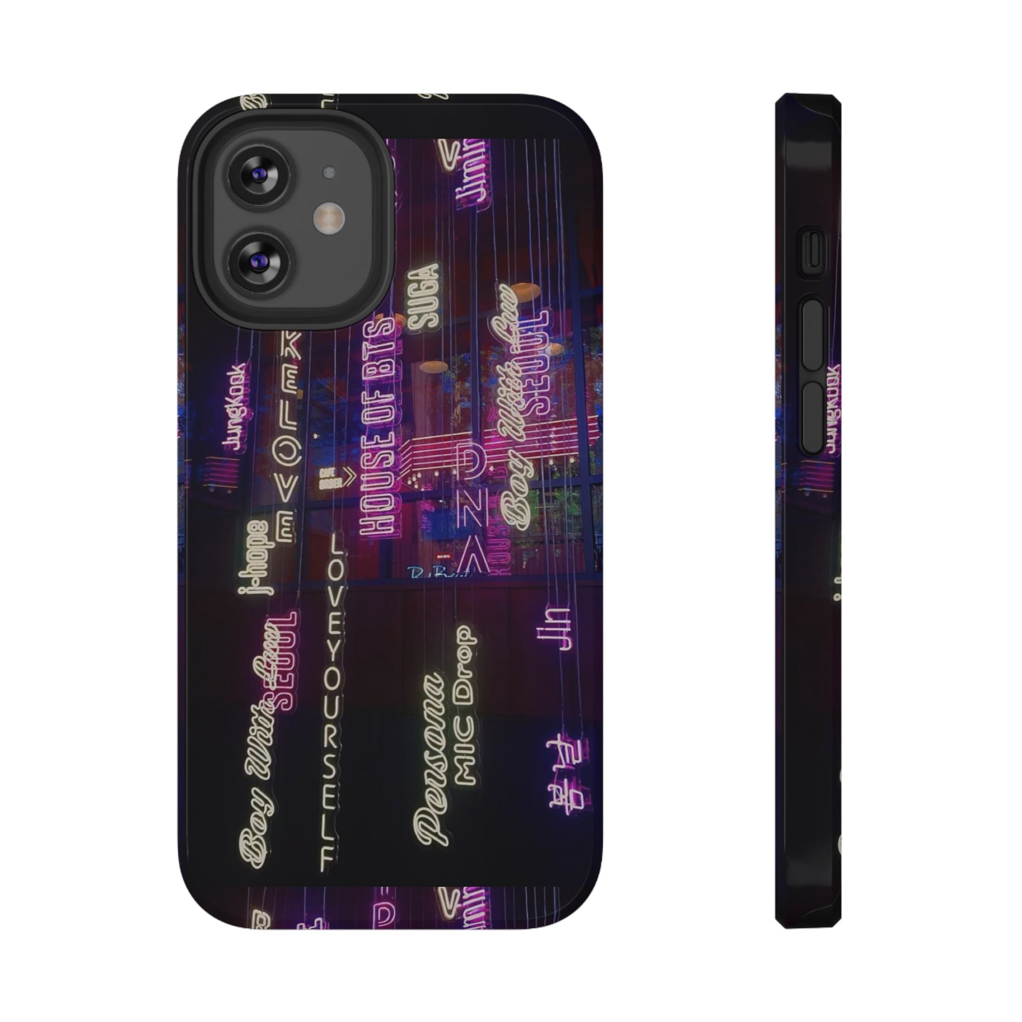 Neon Korean Script BTS phone case for iPhone and Samsung, impact-resistant design with Bangtan Sonyeondan branding.