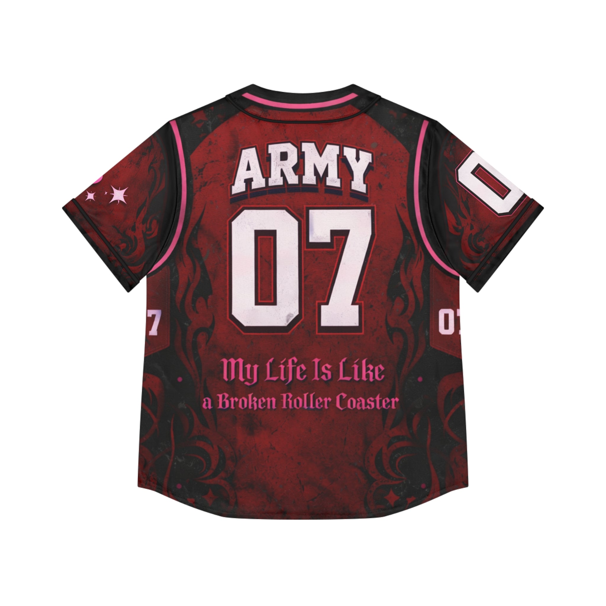All-over print BTS Merry Go Round Jersey featuring colorful BTS concert artwork and ARMY 07 branding by Printify.