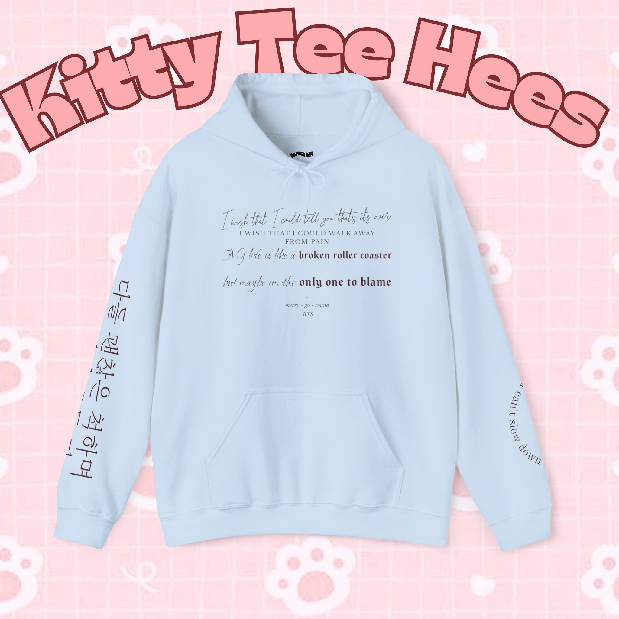 BTS Merry-go-round Arirang 2026 hoodie with carousel illustration, Korean script sleeve, fun Bangtan hoodie by Printify.