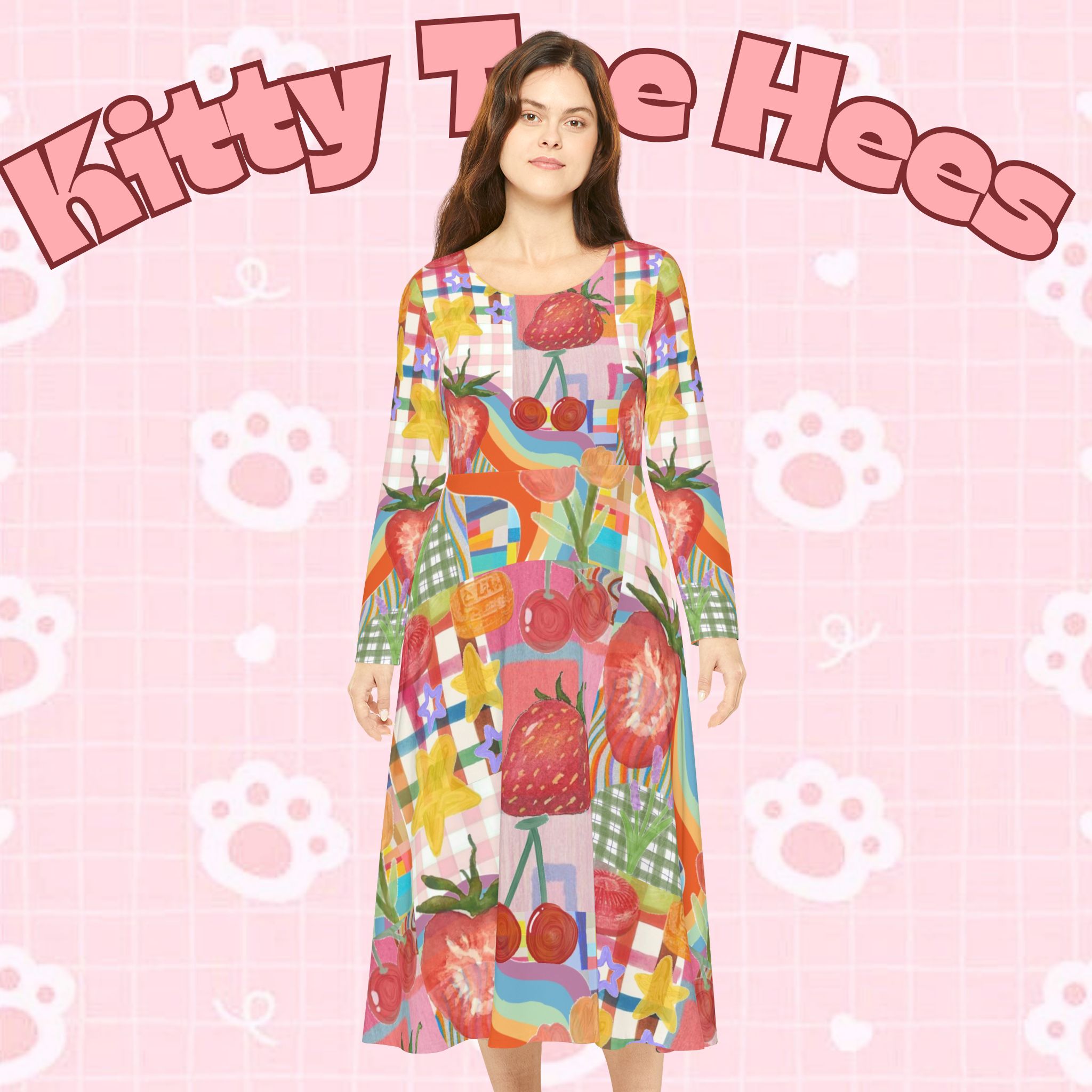Printify strawberry picnic floral long sleeve dress with all-over print, perfect for spring and summer garden casual wear.