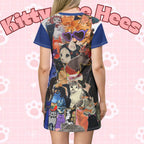 Printify Cat Lady Collage T-shirt dress with casual all-over print featuring feline-themed designs on soft fabric.