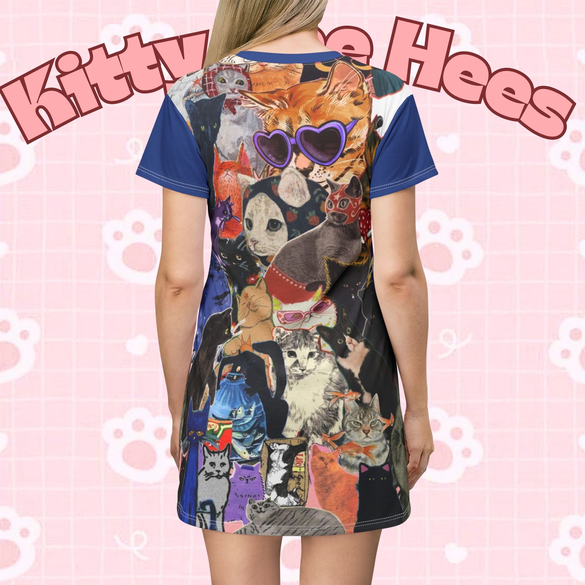 Printify Cat Lady Collage T-shirt dress with casual all-over print featuring feline-themed designs on soft fabric.