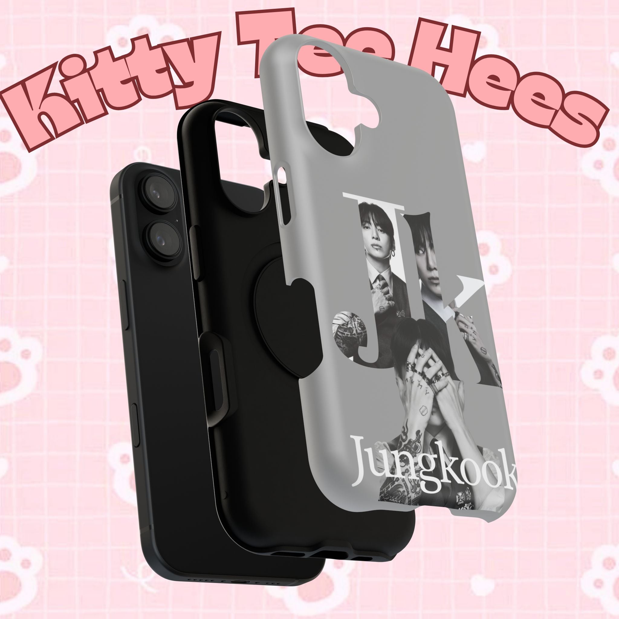 Black Monochrome Jungkook BTS phone case with letter design, impact-resistant Printify phone case for BTS fan smartphones