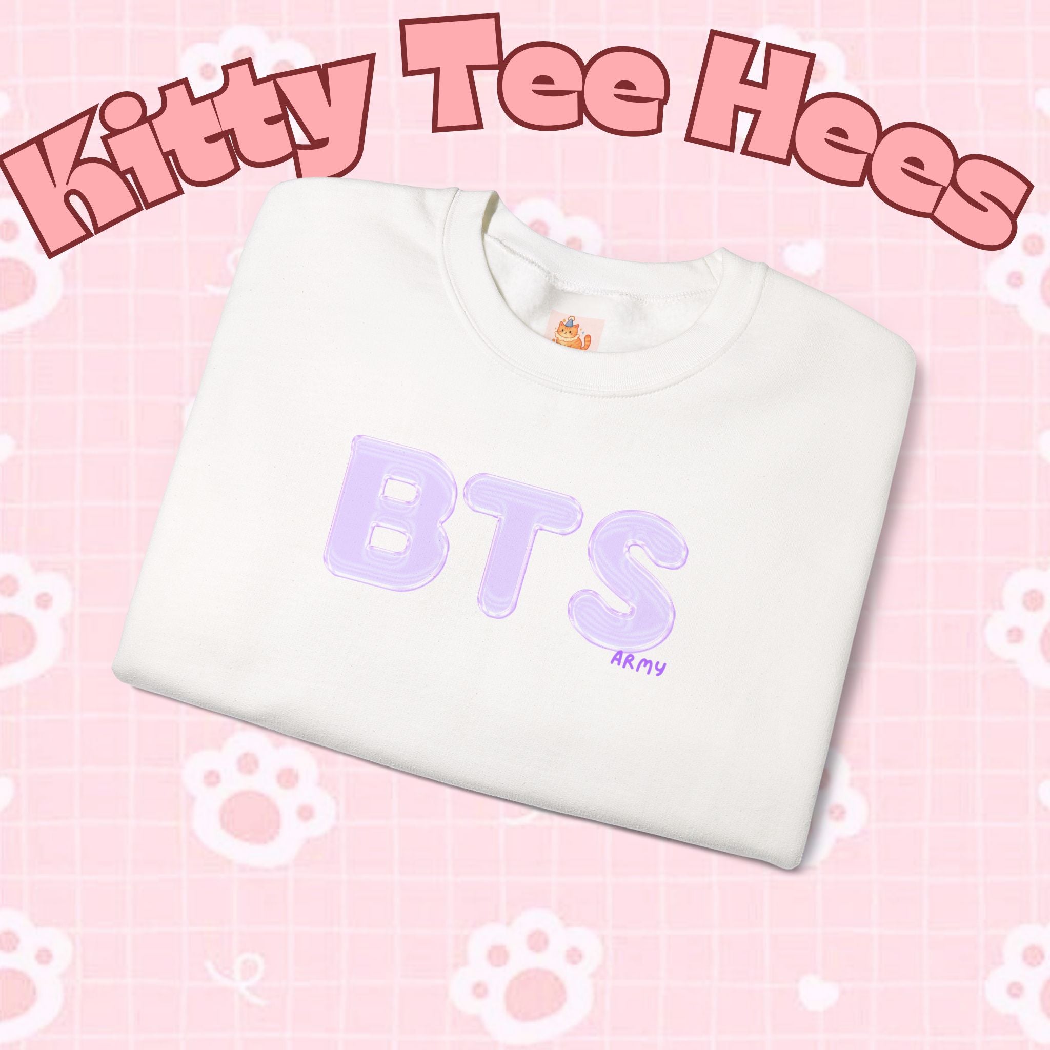 Lavender BTS Logo Arirang crewneck sweatshirt with BTS comeback and concert print, K-pop band pullover by Printify.