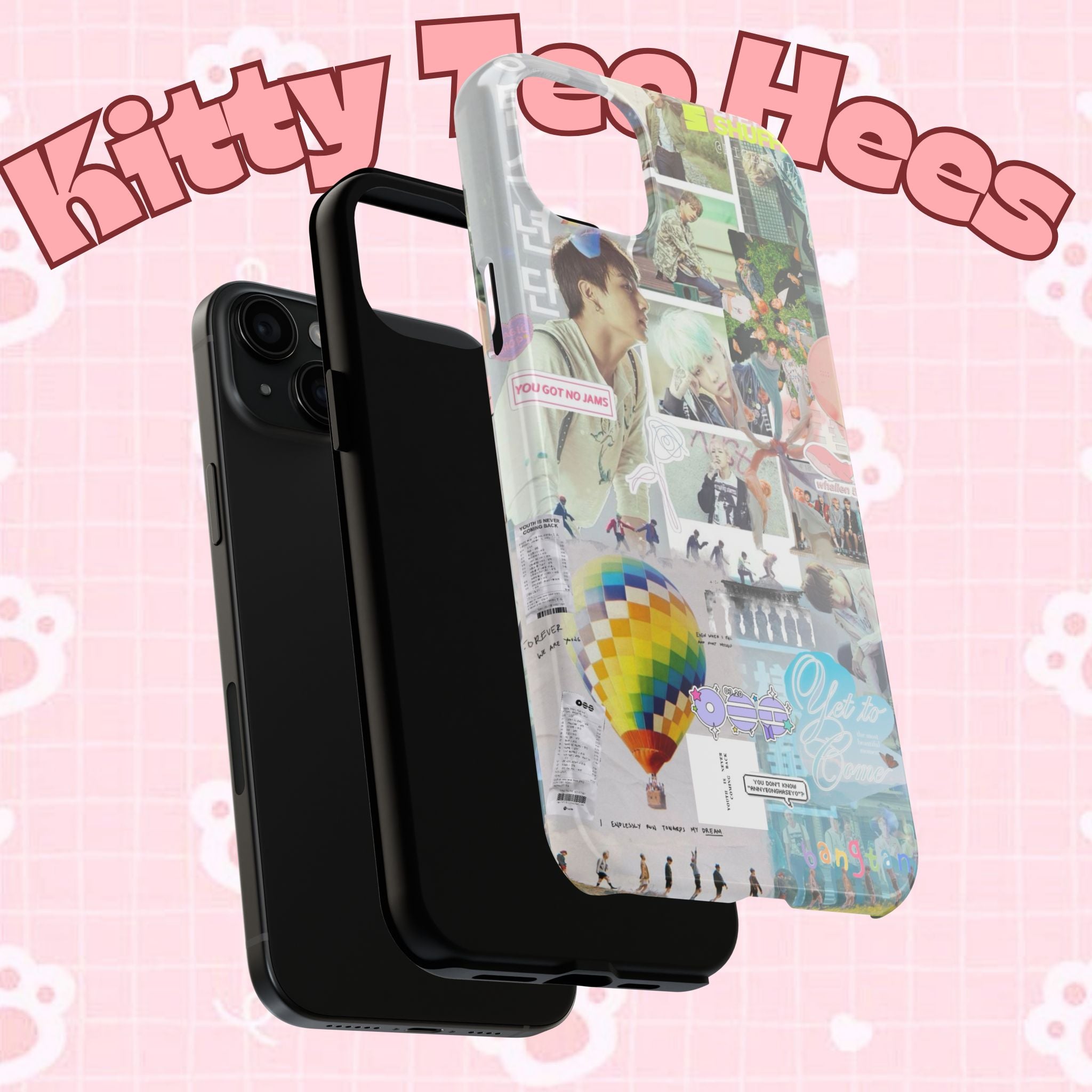 K-pop BTS collage phone case for iPhone and Samsung featuring pastel hot air balloon and aesthetic design by Printify