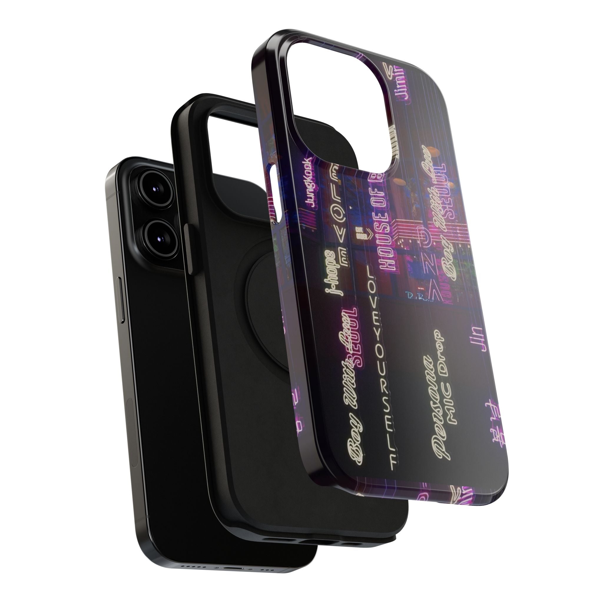 Neon Korean script print phone case for iPhone and Samsung, impact-resistant BTS-themed phone case by Printify.