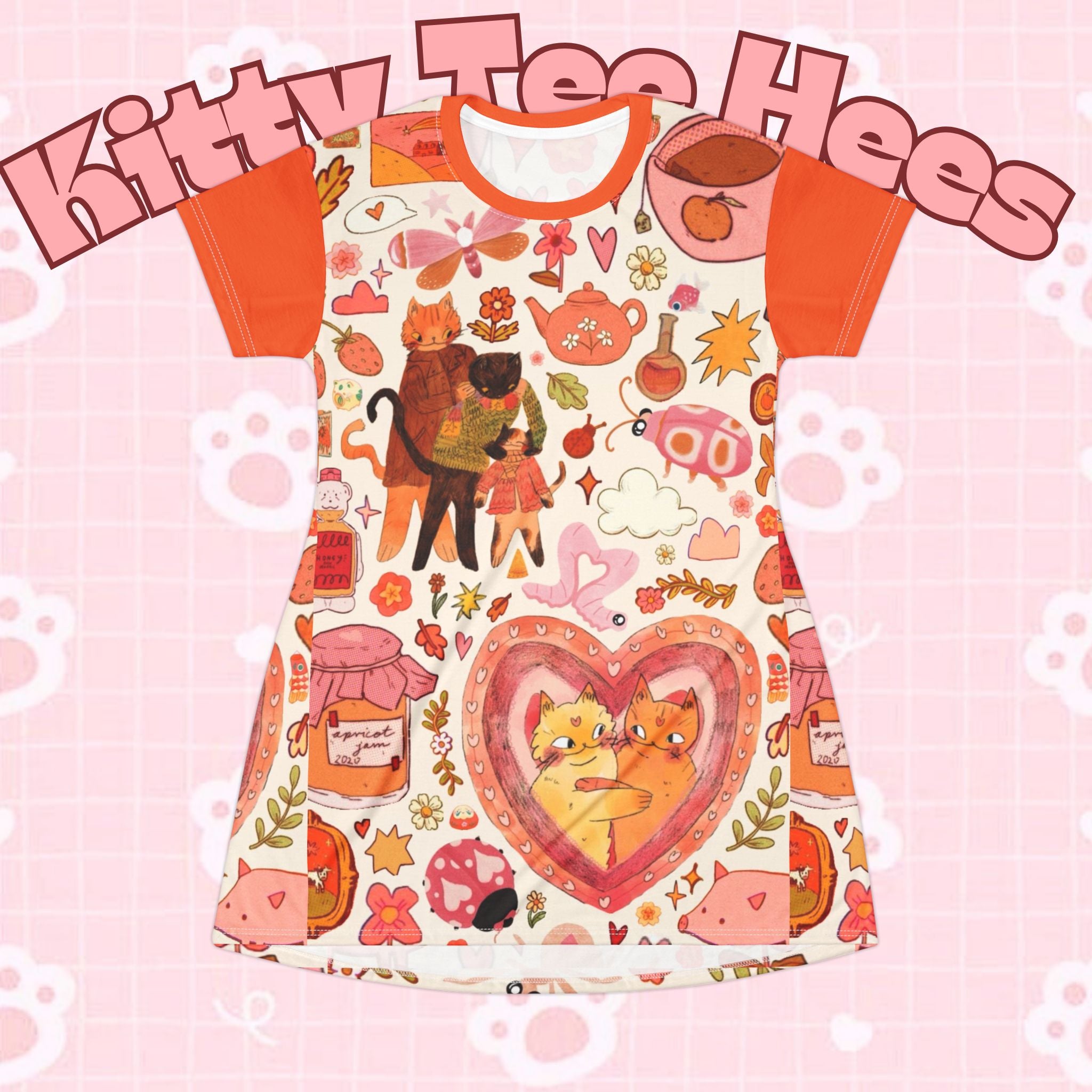 Orange whimsical cat print t-shirt dress by Printify, featuring playful all-over cat design for kids and adults.