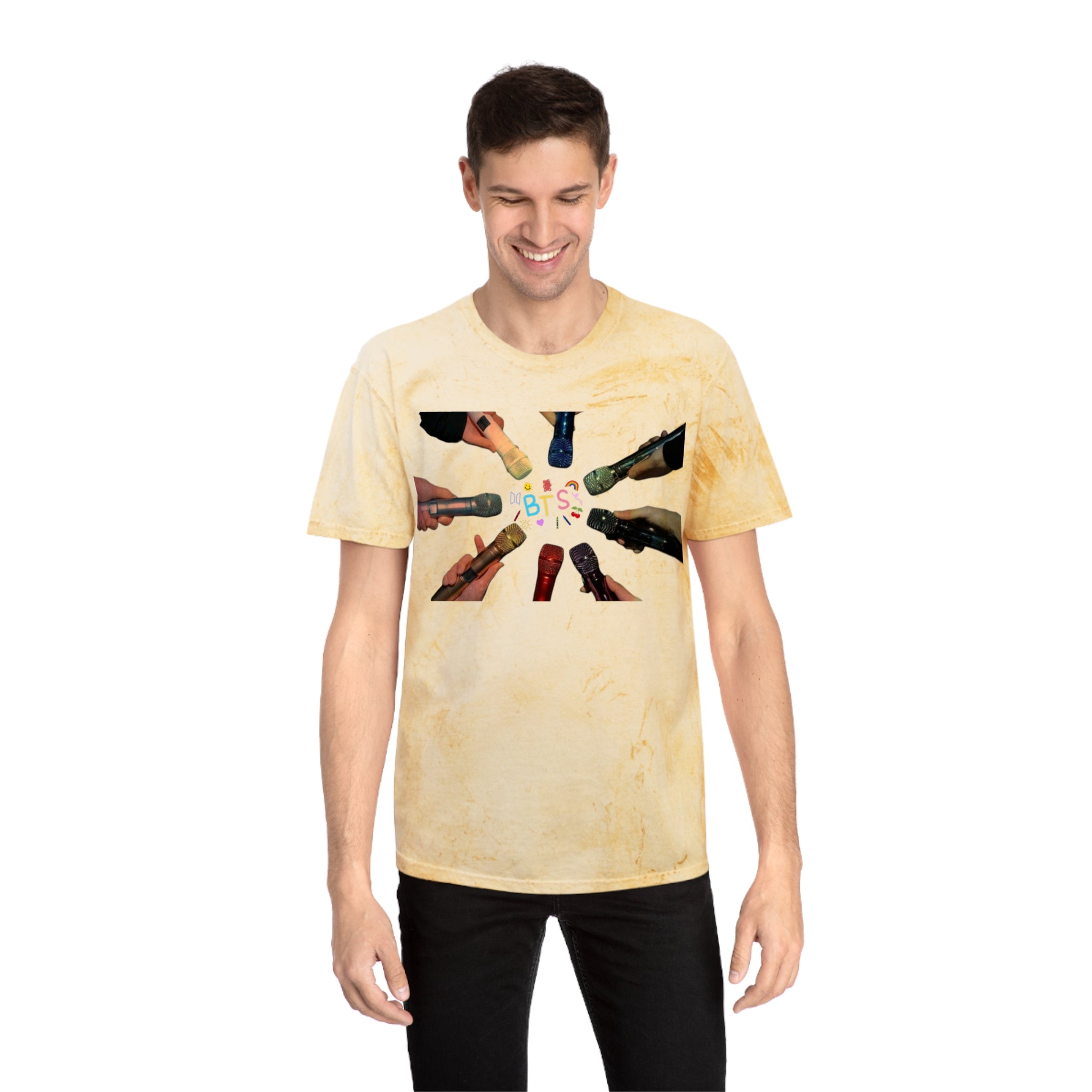 Colorful BTS concert T-shirt featuring rainbow mic and logo design, inspired by K-Pop group BTS, casual fit and vibrant style.