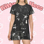 Black Maximalist Gothic T-shirt dress with all-over cat collage print, featuring a fun, edgy black dress design.